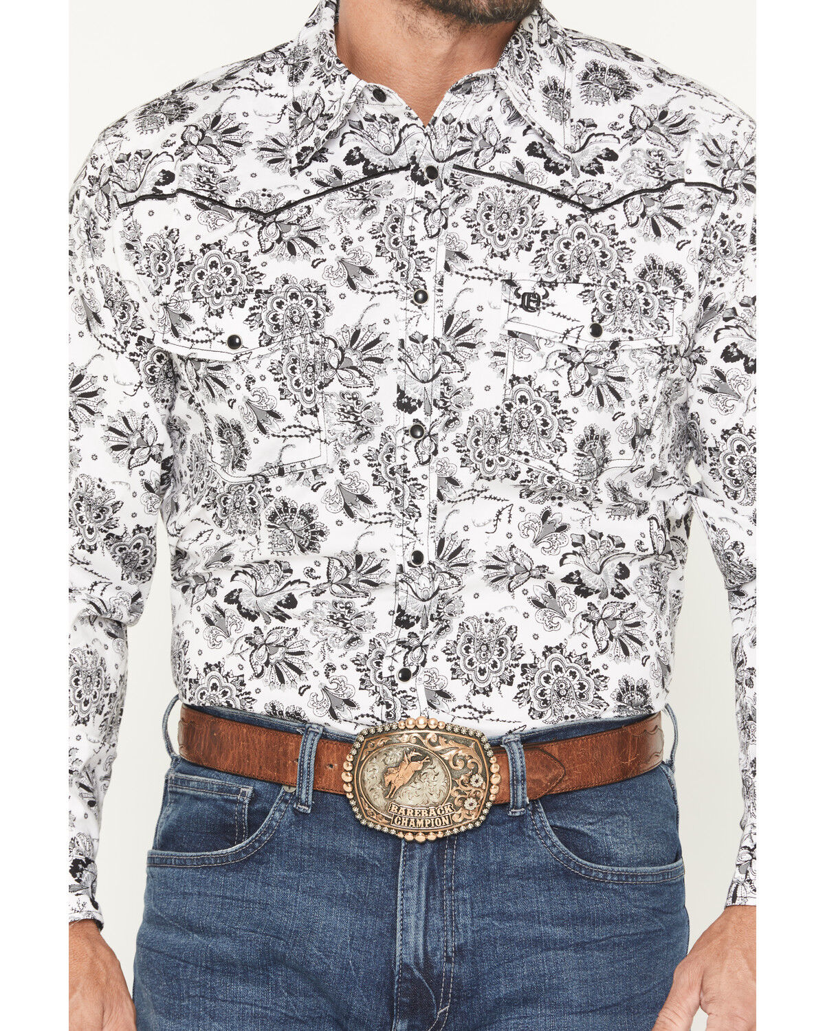 Image #3 - Cowboy Hardware Men's Peacock Paisley Print Long Sleeve Snap Stretch Western Shirt, White, hi-res