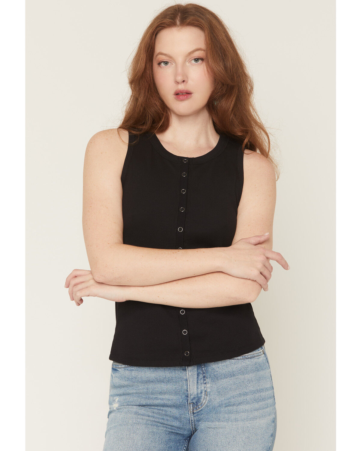 Image #1 - Idyllwind Women's Solid Sleeveless Snap Rib Knit Tank Top, Black, hi-res