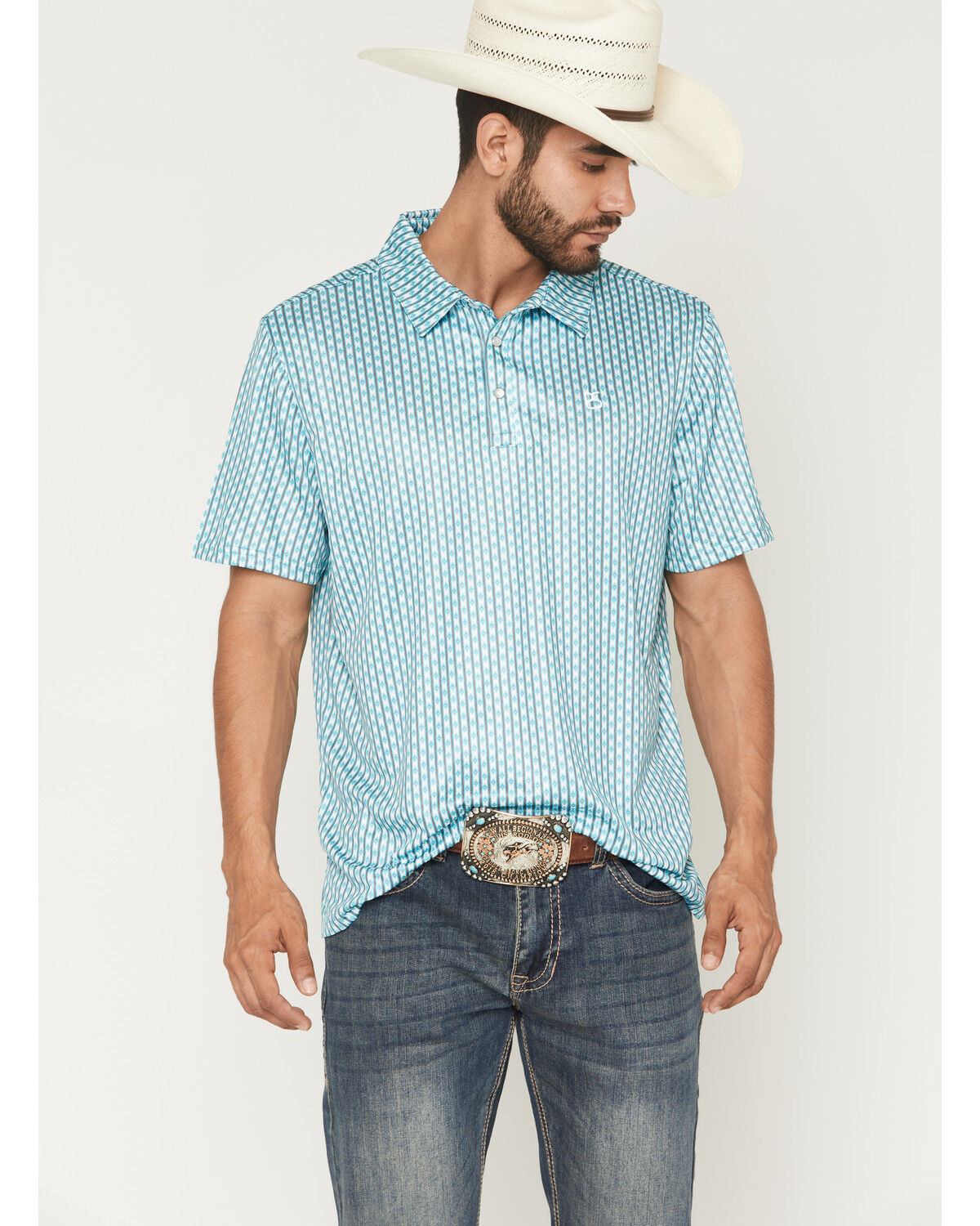 Image #1 - Panhandle Slim Men's Southwestern Striped Short Sleeve Button-Down Polo Shirt, Aqua, hi-res