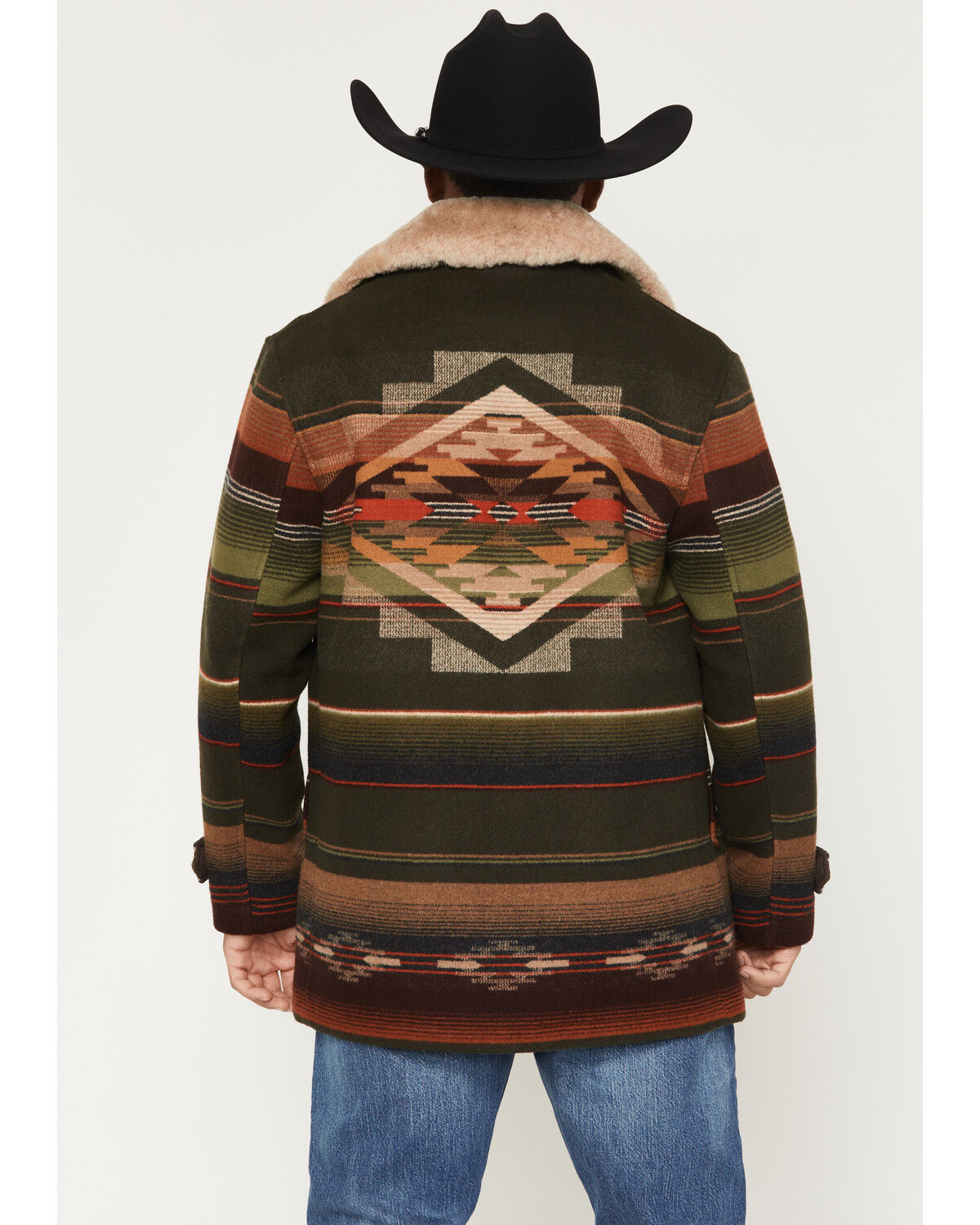 Image #4 - Pendleton Men's Dayton Serape Striped Shearling Collar Button-Down Wool Coat, Olive, hi-res