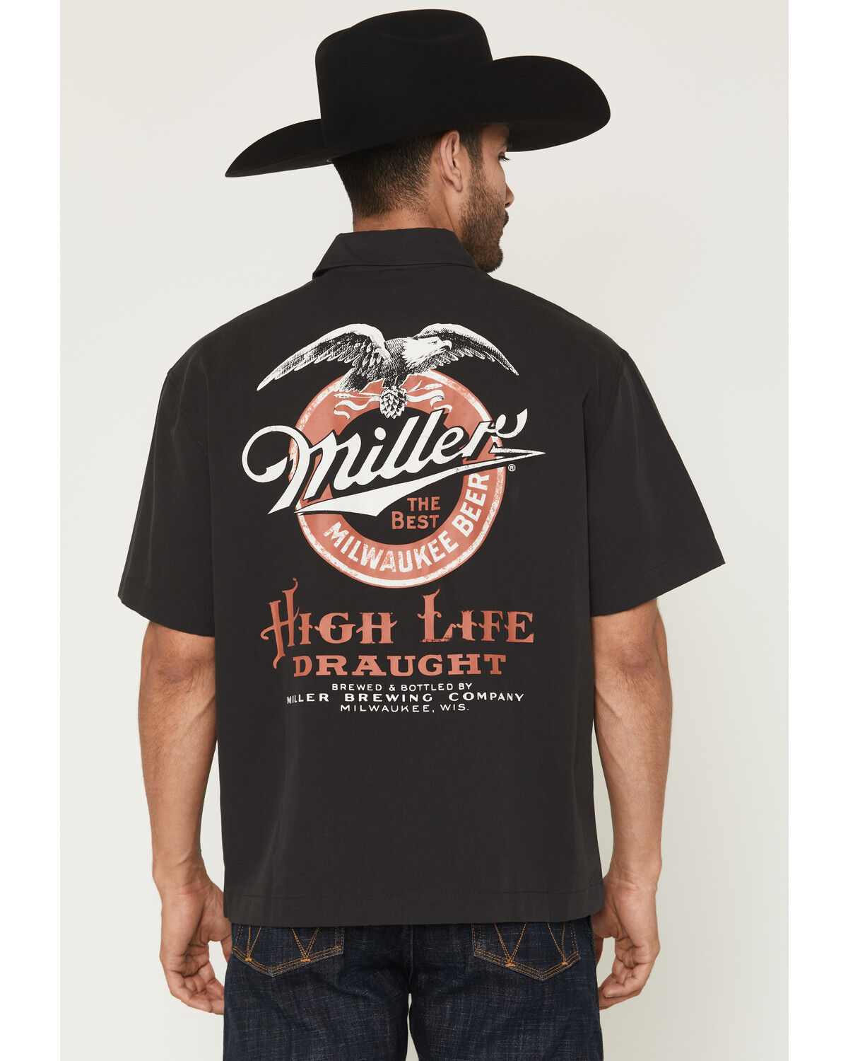 Image #1 - Miller Men's Boot Barn Exclusive Miller High Life Short Sleeve Button-Down Shirt, Black, hi-res