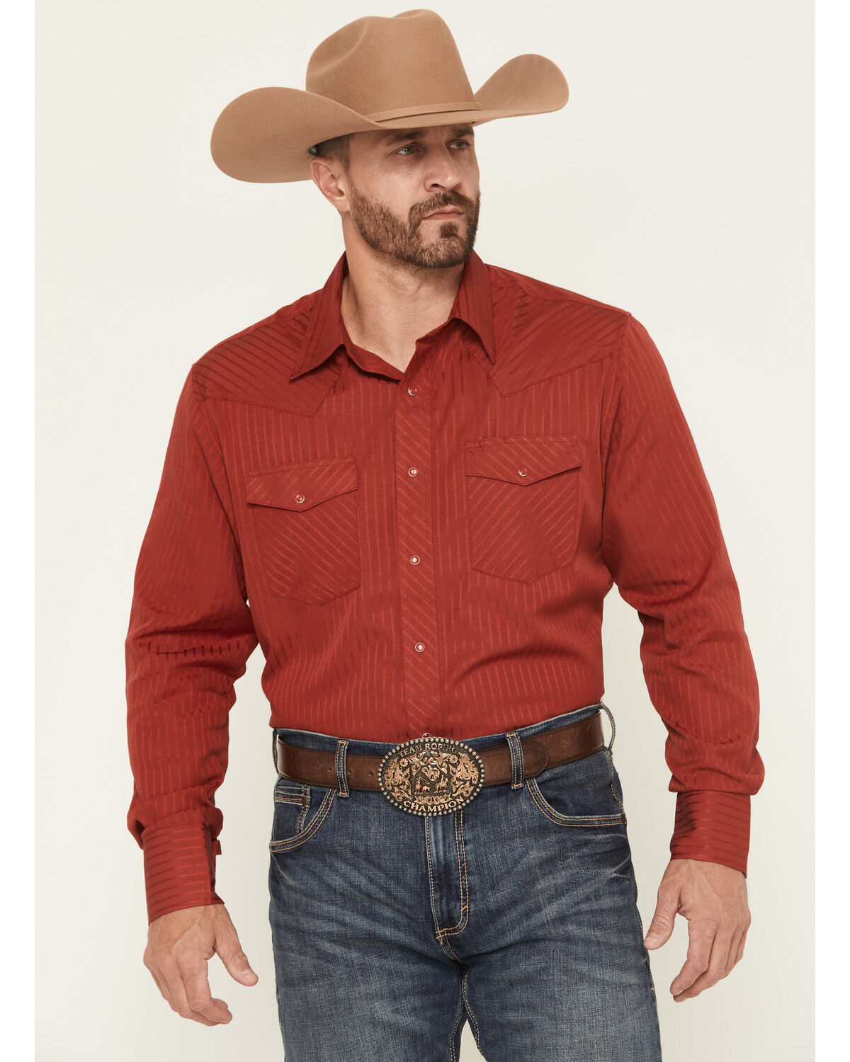 Wrangler Men's Tonal Striped Long Sleeve Pearl Snap Western Shirt, Burgundy, hi-res