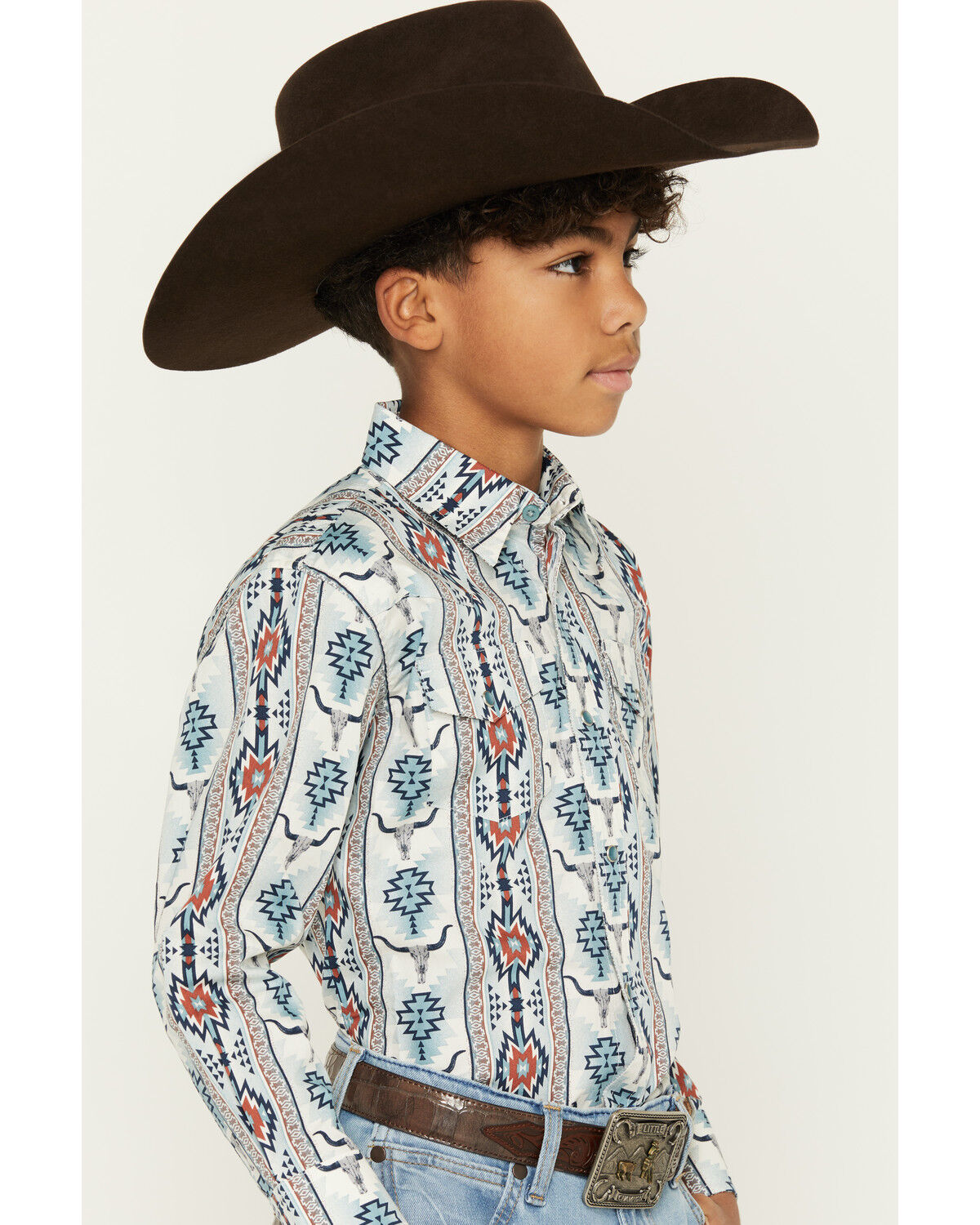 Image #2 - Wrangler Boys' Checotah Southwestern Striped Long Sleeve Pearl Snap Western Shirt, Blue, hi-res