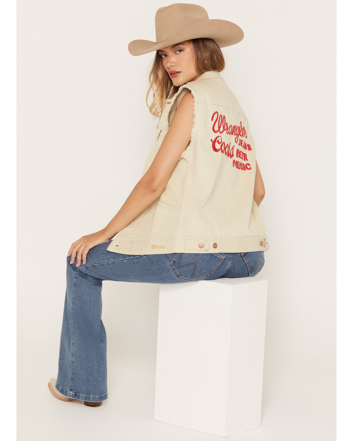 Wrangler X Coors Banquet Women's Embroidered Denim Vest, Ivory, hi-res