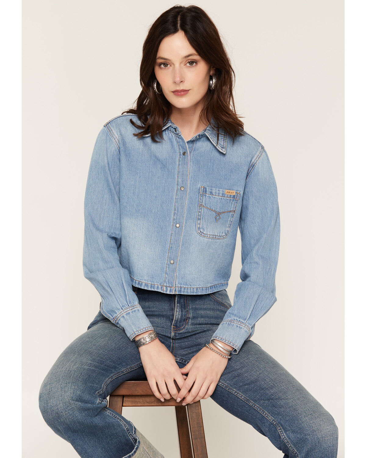 Image #1 - Ariat Women's Alameda Light Wash Long Sleeve Cropped Denim Shirt, Light Wash, hi-res