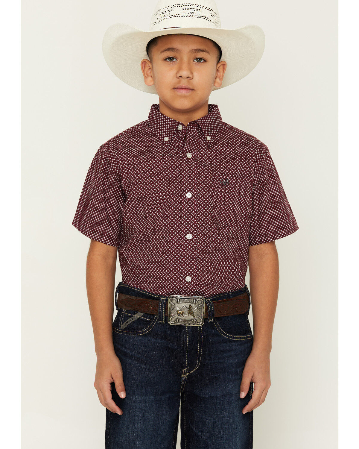 Ariat Boys' Geo Print Short Sleeve Button-Down Western Shirt, Maroon, hi-res