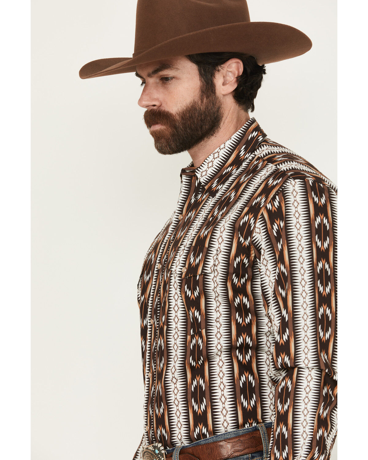 Image #2 - Wrangler Men's Checotah Southwestern Striped Print Long Sleeve Pearl Snap Western Shirt - Tall, Brown, hi-res