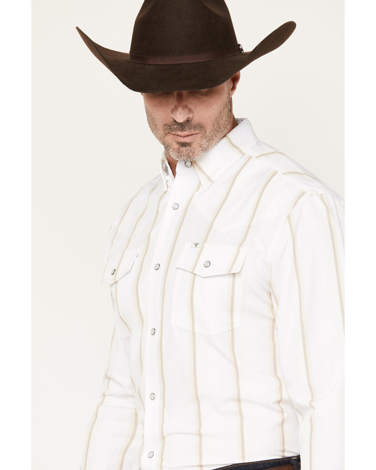 Image #2 - Ferrell Men's Tristan Tek Striped Long Sleeve Pearl Snap Stretch Western Shirt, Cream, hi-res