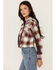 Image #2 - Cleo + Wolf Women's Connor Plaid Print Hooded Cropped Flannel, Brandy Brown, hi-res