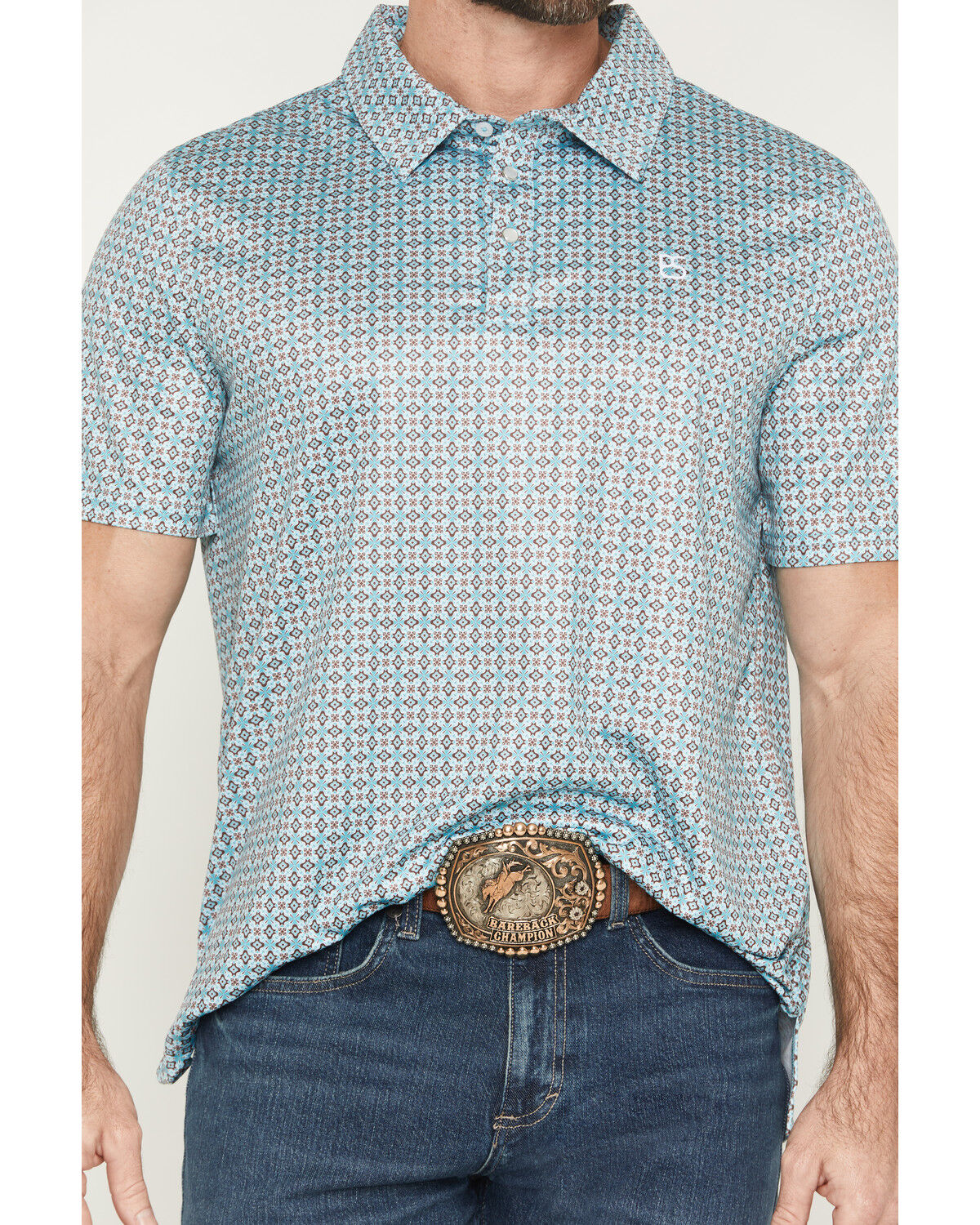 Image #3 - Panhandle Slim Men's Medallion Print Short Sleeve Snap Performance Polo Shirt, Turquoise, hi-res