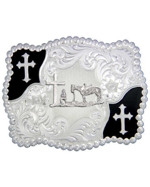 Image #1 - Montana Silversmiths Cross and Christian Cowboy Belt Buckle, Silver, hi-res