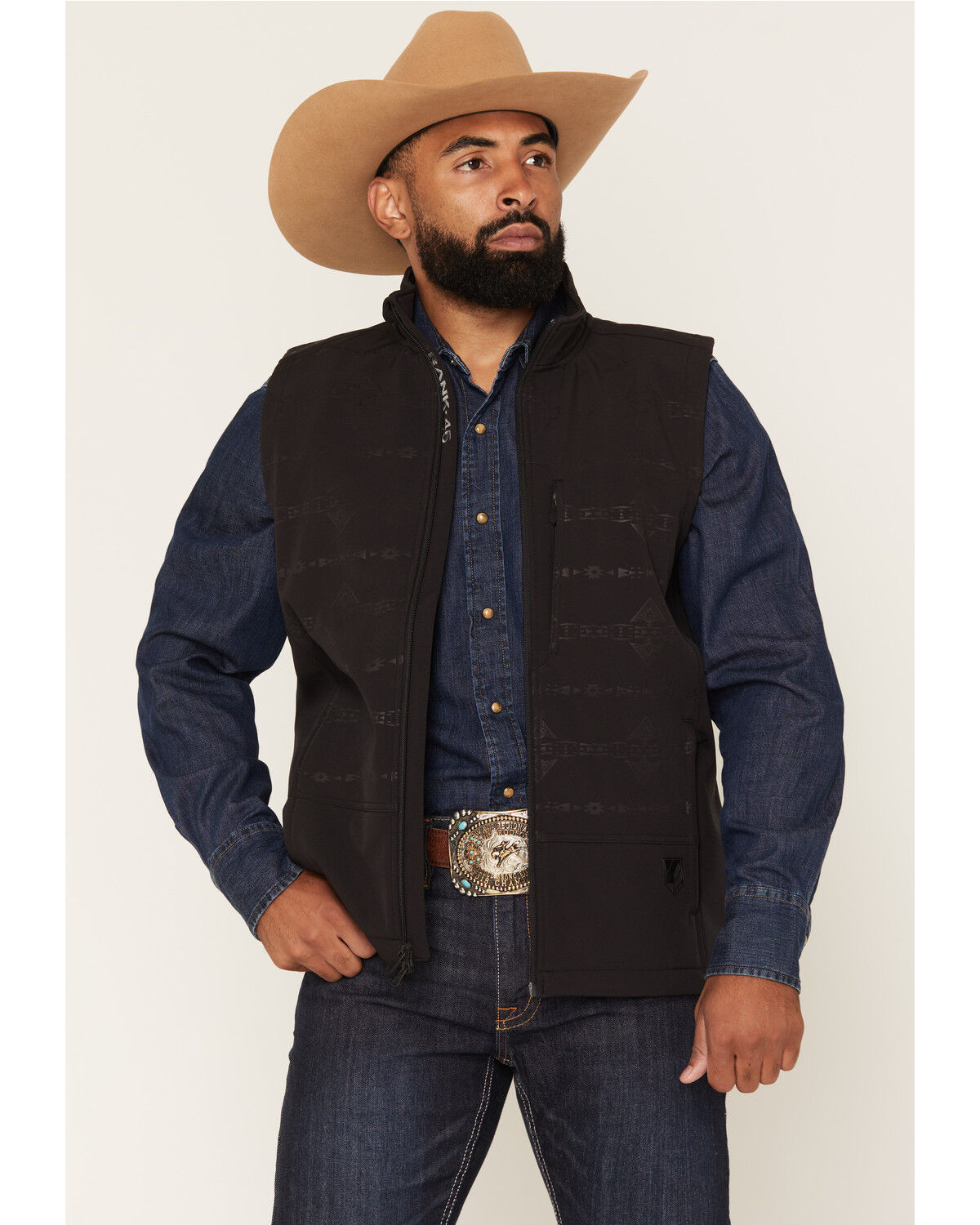 RANK 45&reg; Men's Lariat Southwestern Print Softshell Vest - Tall, Black, hi-res