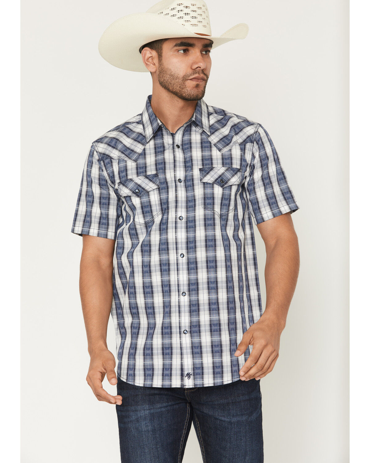 Image #1 - Moonshine Spirit&reg; Men's Desert Willow Plaid Print Short Sleeve Pearl Snap Western Shirt, Blue, hi-res