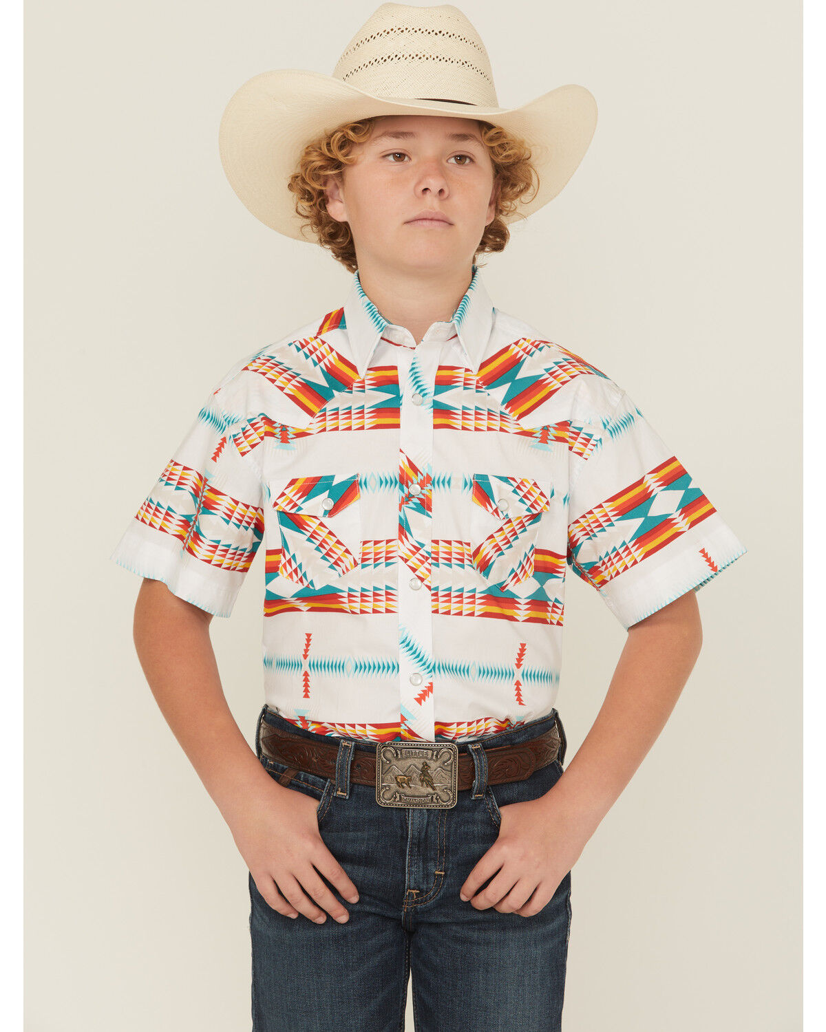 Rock & Roll Denim Boys' Southwestern Print Short Sleeve Pearl Snap Western Shirt, White, hi-res