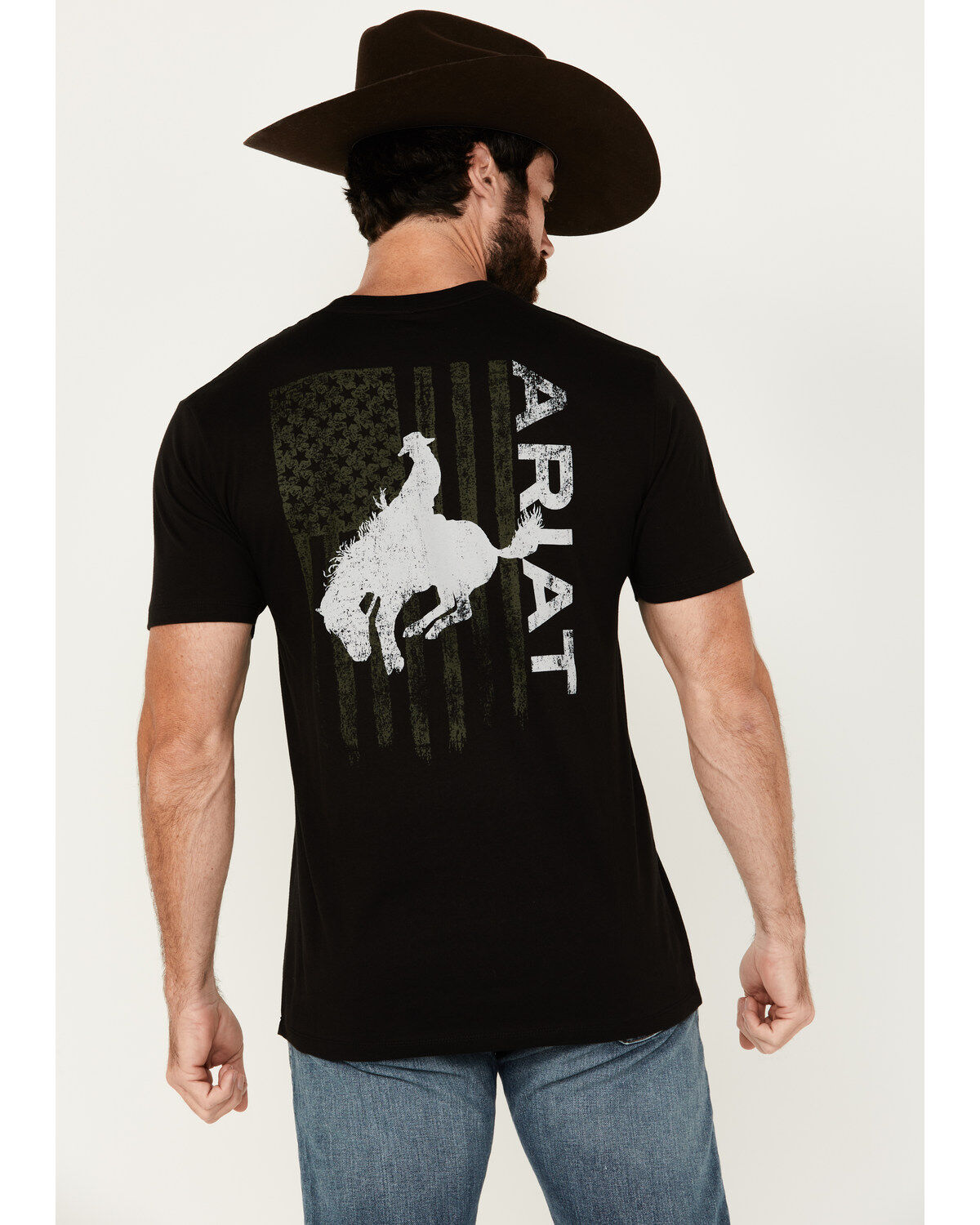 Image #1 - Ariat Men's Boot Barn Exclusive Bronco Flag Short Sleeve Graphic T-Shirt, Black, hi-res