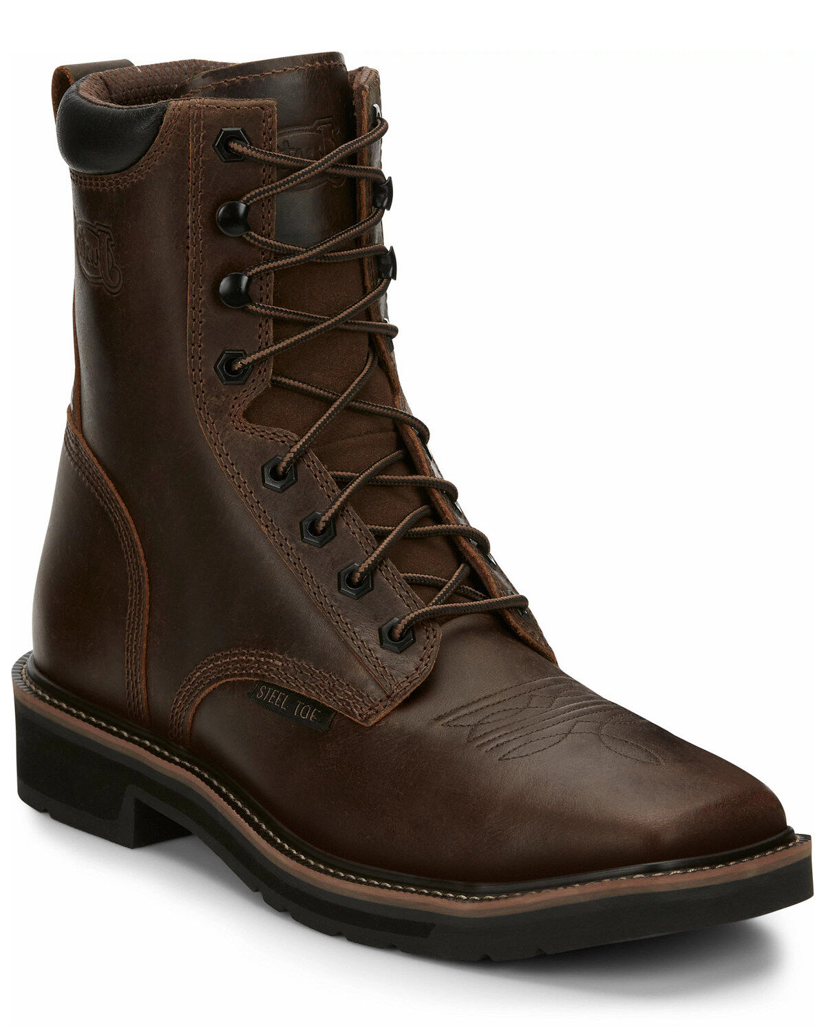 Justin Men's Pulley Lace-Up Work Boots - Steel Toe, Brown, hi-res