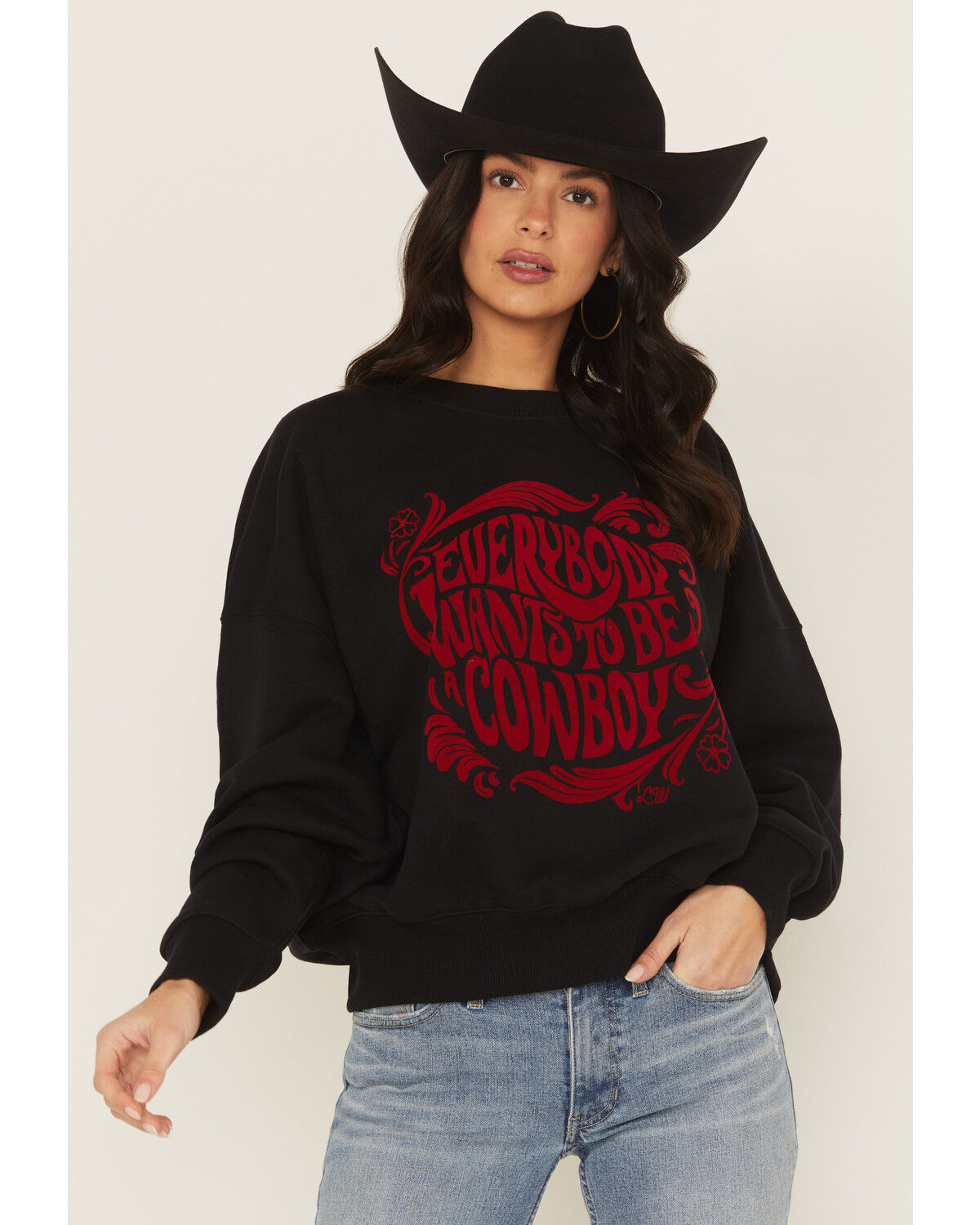 Wrangler X Lainey Wilson Women's Everybody Wants to be a Cowboy Crewneck Sweatshirt, Black, hi-res