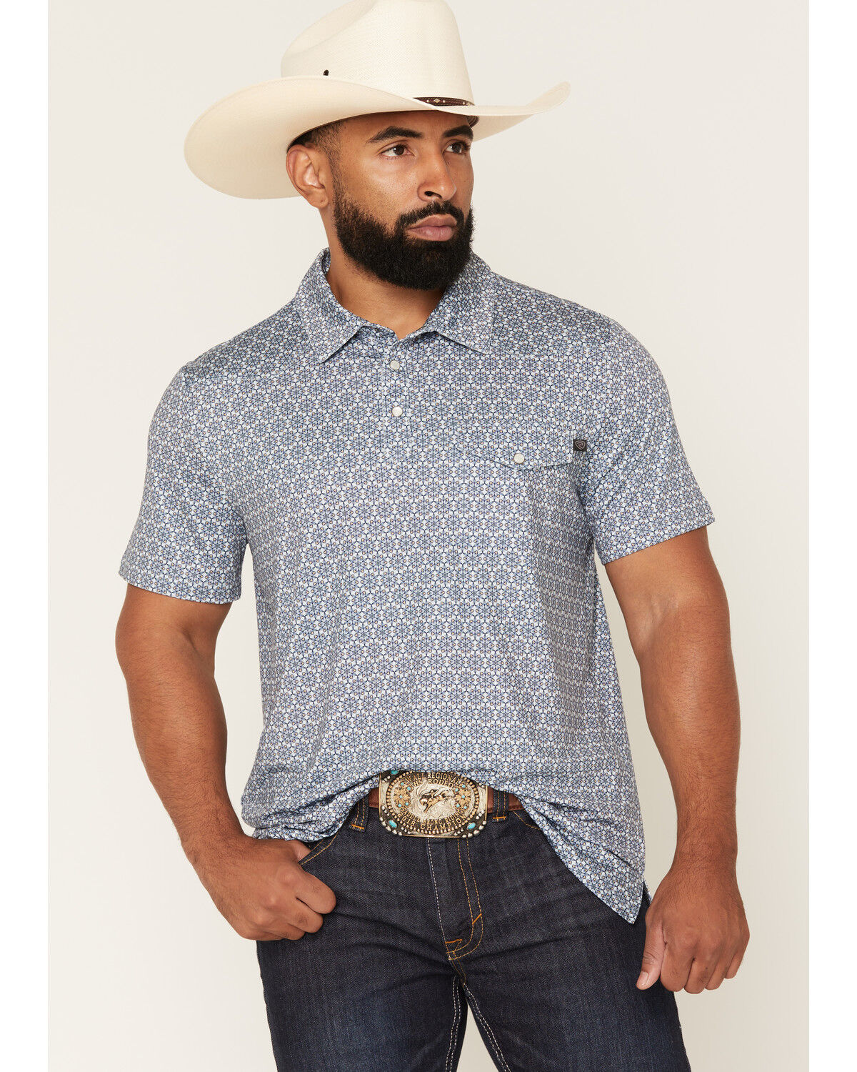Rock & Roll Denim Men's Medallion Print Short Sleeve Snap Polo, Turquoise, hi-res