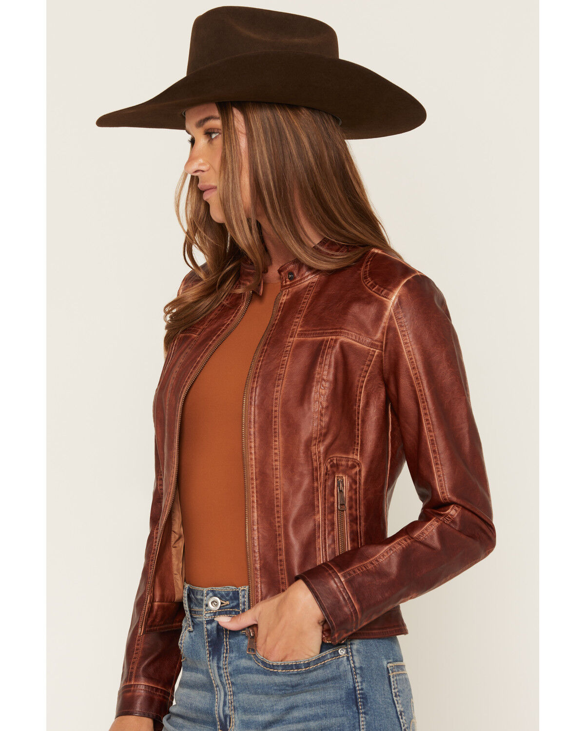 Image #2 - 26 International Women's Faux Leather Jacket, Brown, hi-res