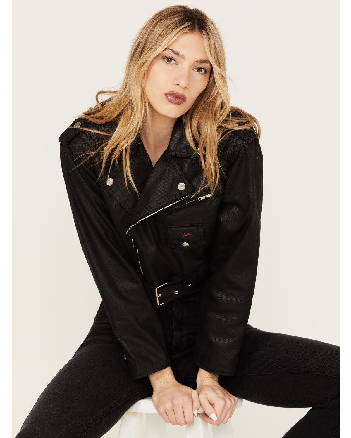 Wrangler X Fender Women's Cropped Moto Jacket, Black, hi-res