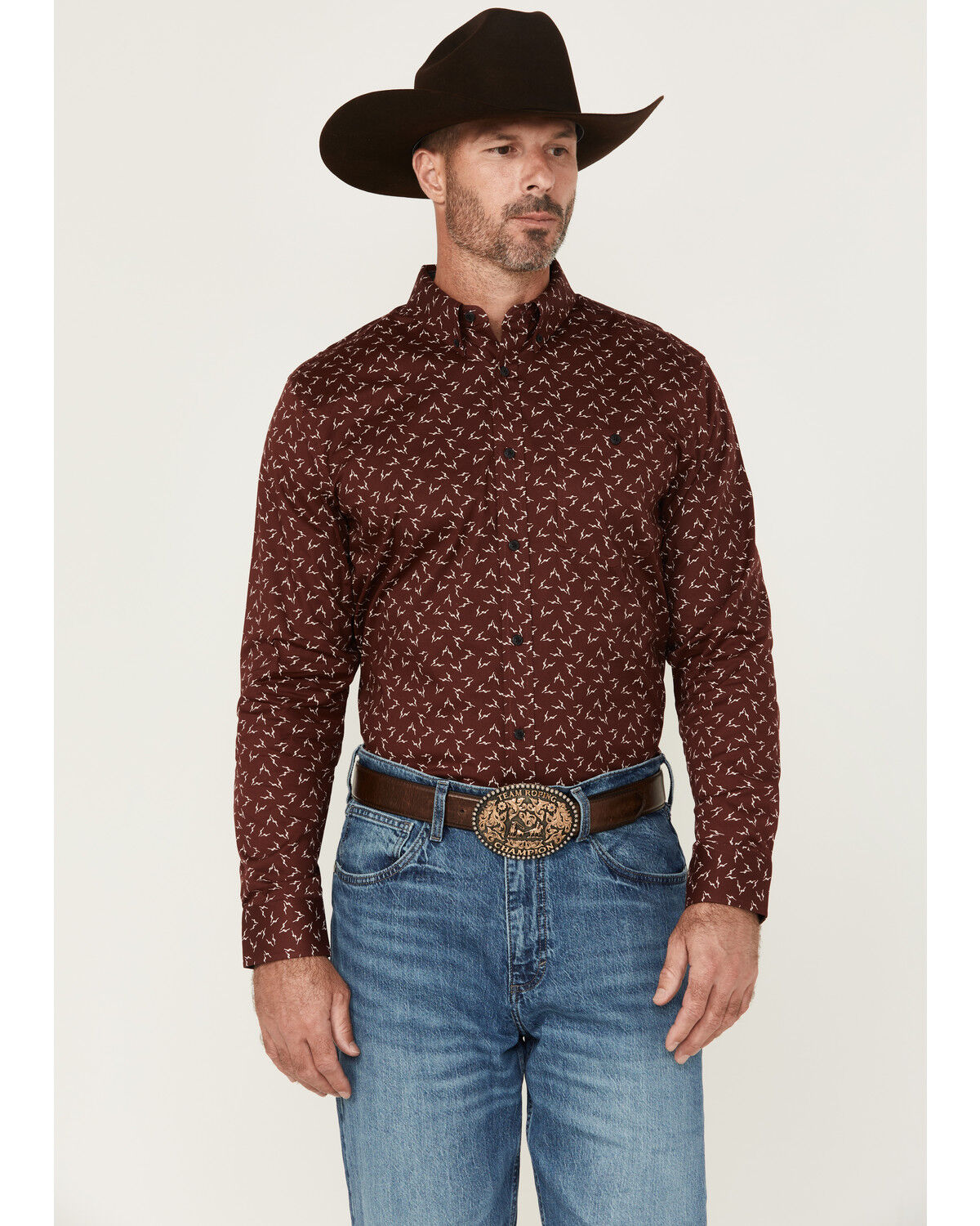 Image #1 - RANK 45&reg; Men's Bronc Buster Geo Print Long Sleeve Button-Down Stretch Western Shirt, Burgundy, hi-res