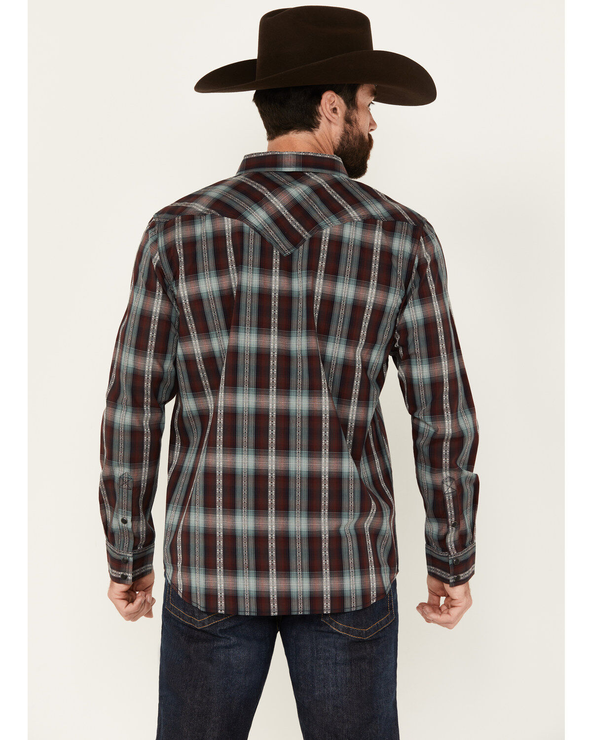 Image #4 - Moonshine Spirit&reg; Men's Lone Horn Plaid Print Long Sleeve Snap Western Shirt, Burgundy, hi-res