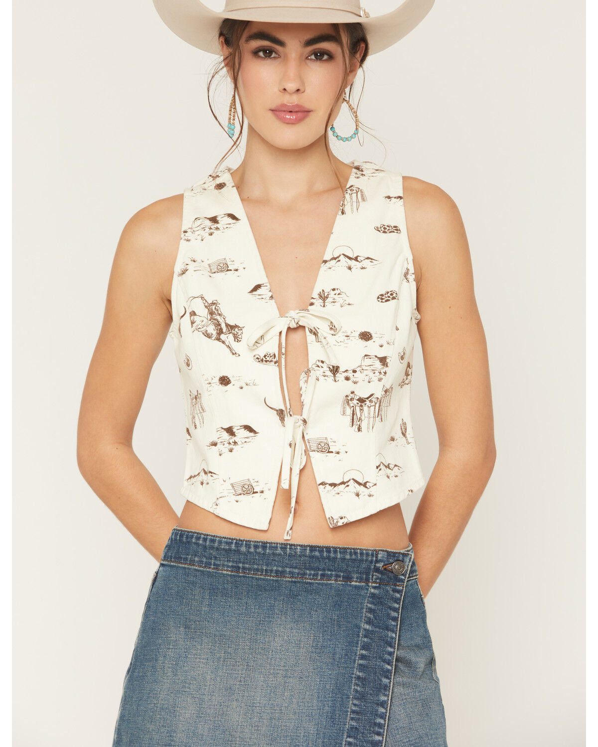 Ashley Women's Boot Barn Exclusive Rodeo Print Tie-Front Denim Vest, Cream, hi-res