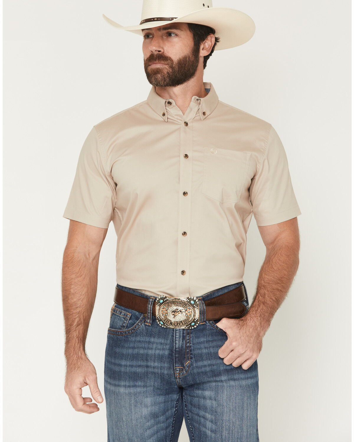 Image #1 - Cody James Men's Basic Solid Short Sleeve Button-Down Stretch Western Shirt, Tan, hi-res
