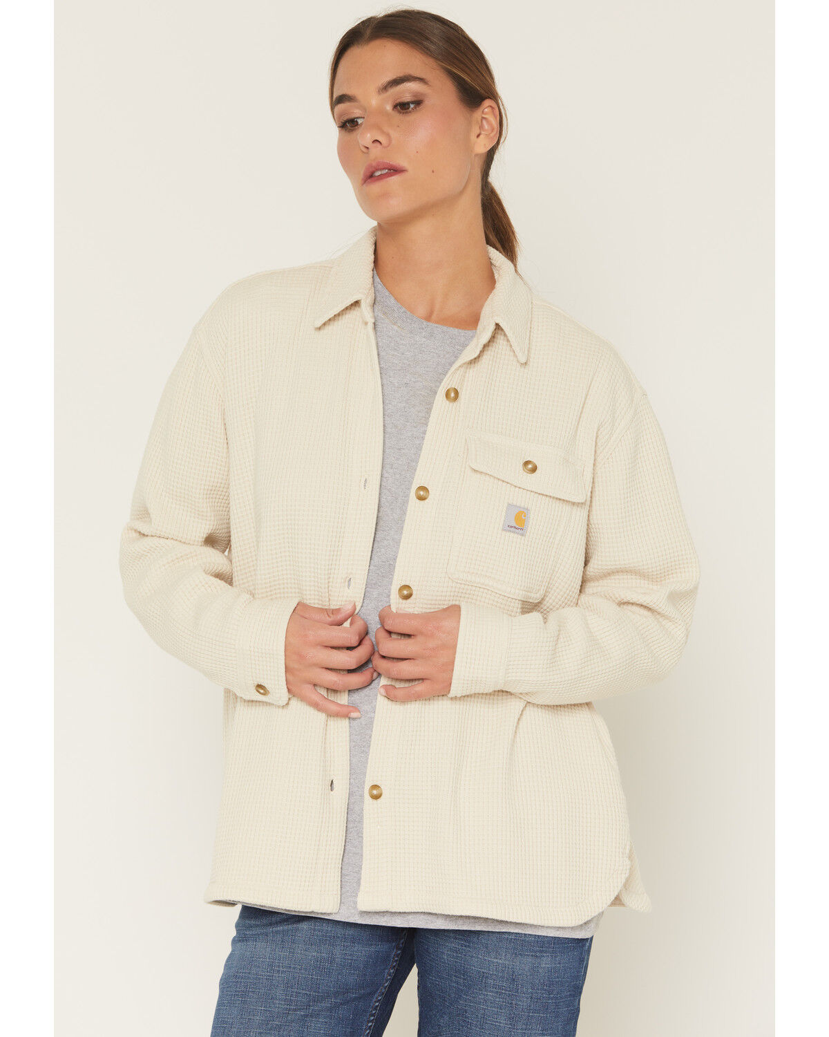 Image #1 - Carhartt Women's Oversized Fit Heavyweight Waffle Knit Work Shirt, Ivory, hi-res