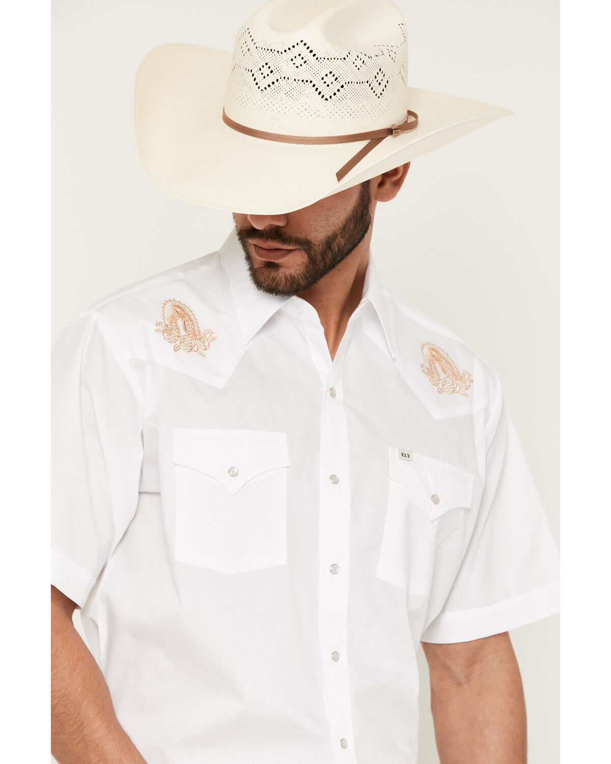 Image #2 - Ely Walker Men's Mother Mary Embroidered Short Sleeve Pearl Snap Western Shirt, White, hi-res