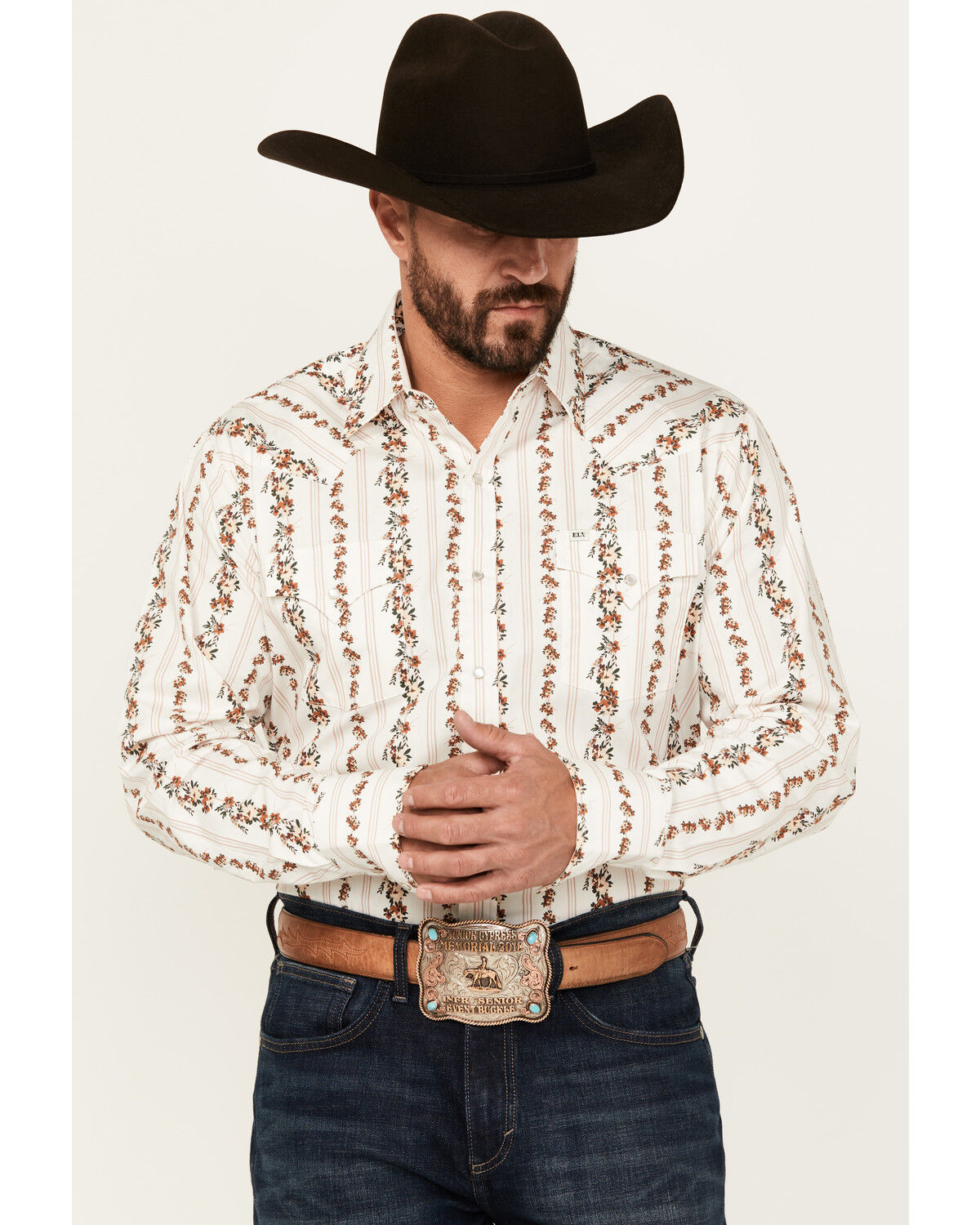 Ely Walker Men's Floral Striped Long Sleeve Pearl Snap Western Shirt, Cream, hi-res