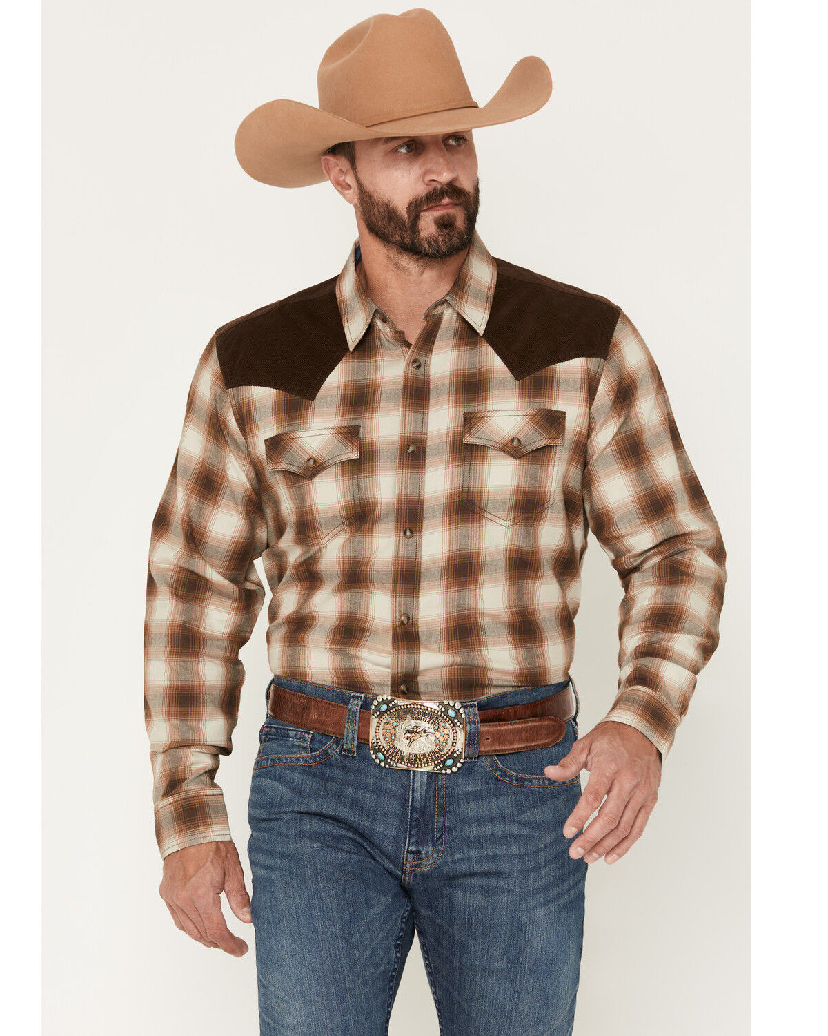 Image #1 - Cody James Men's Mad Plaid Print Corduroy Long Sleeve Snap Western Shirt - Tall, Tan, hi-res