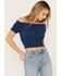 Image #2 - Cleo + Wolf Women's Knit Eyelet Smocked Crop Top, Navy, hi-res