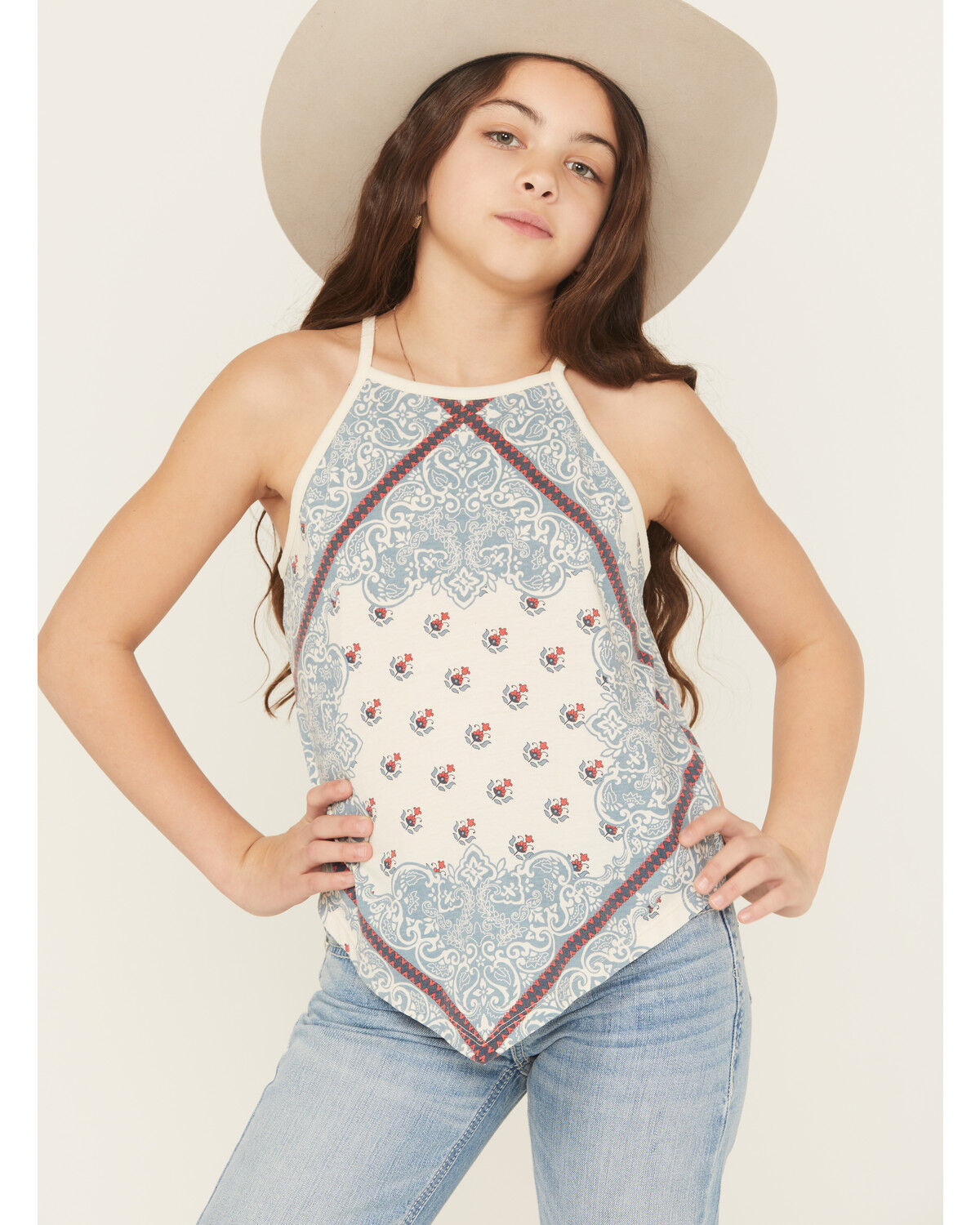 Rock & Roll Denim Girls' Scarf Print Tank, Natural, hi-res