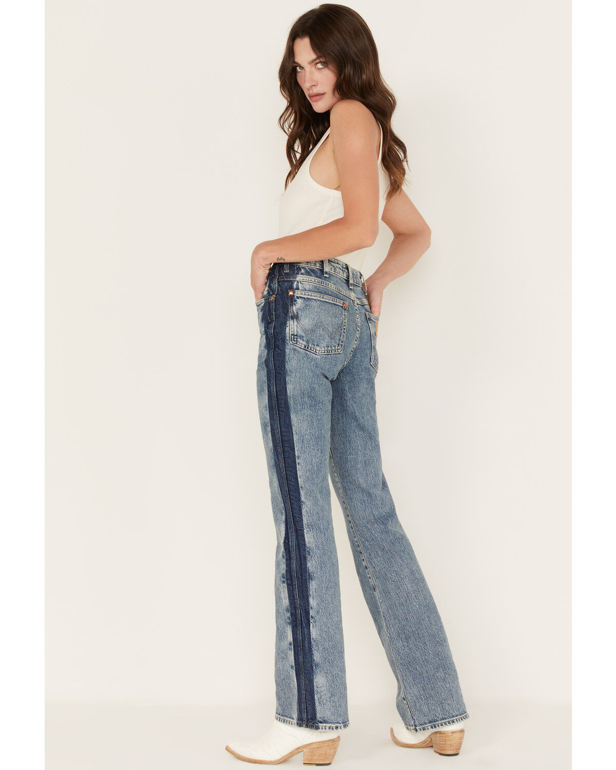 Wrangler Women's Two tone Color Block High Rise Westward Bootcut Jeans, Blue, hi-res