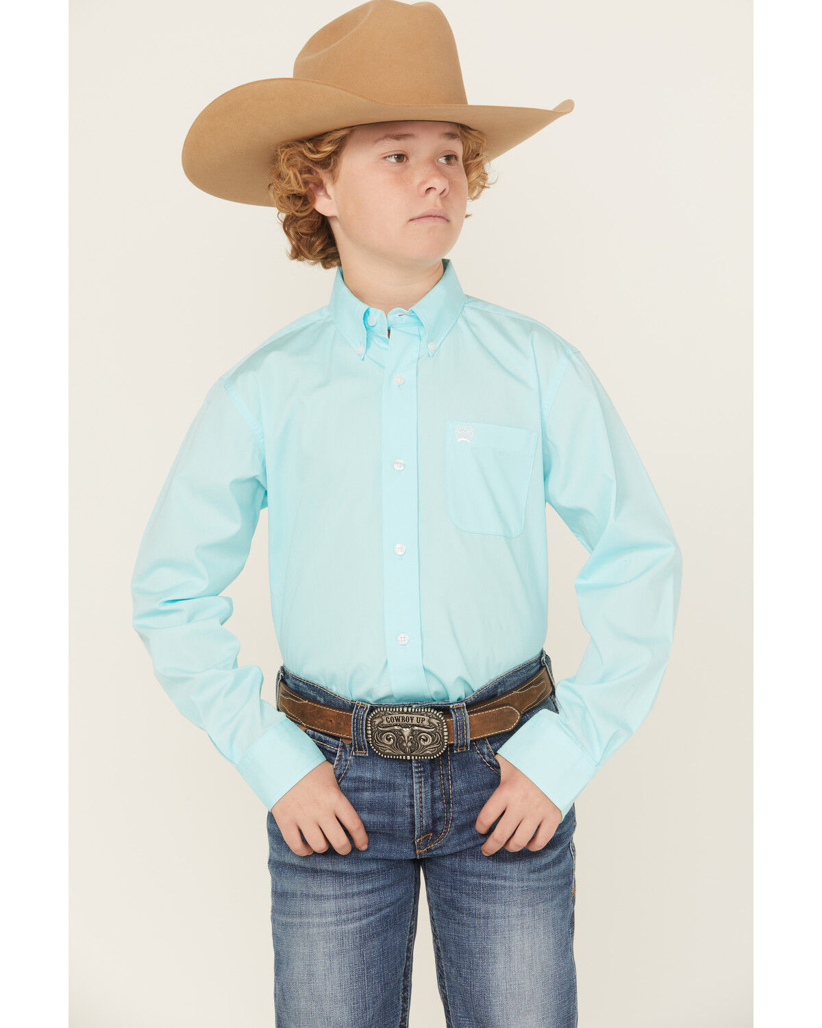 Cinch Boys' Solid Long Sleeve Button-Down Western Shirt, Turquoise, hi-res