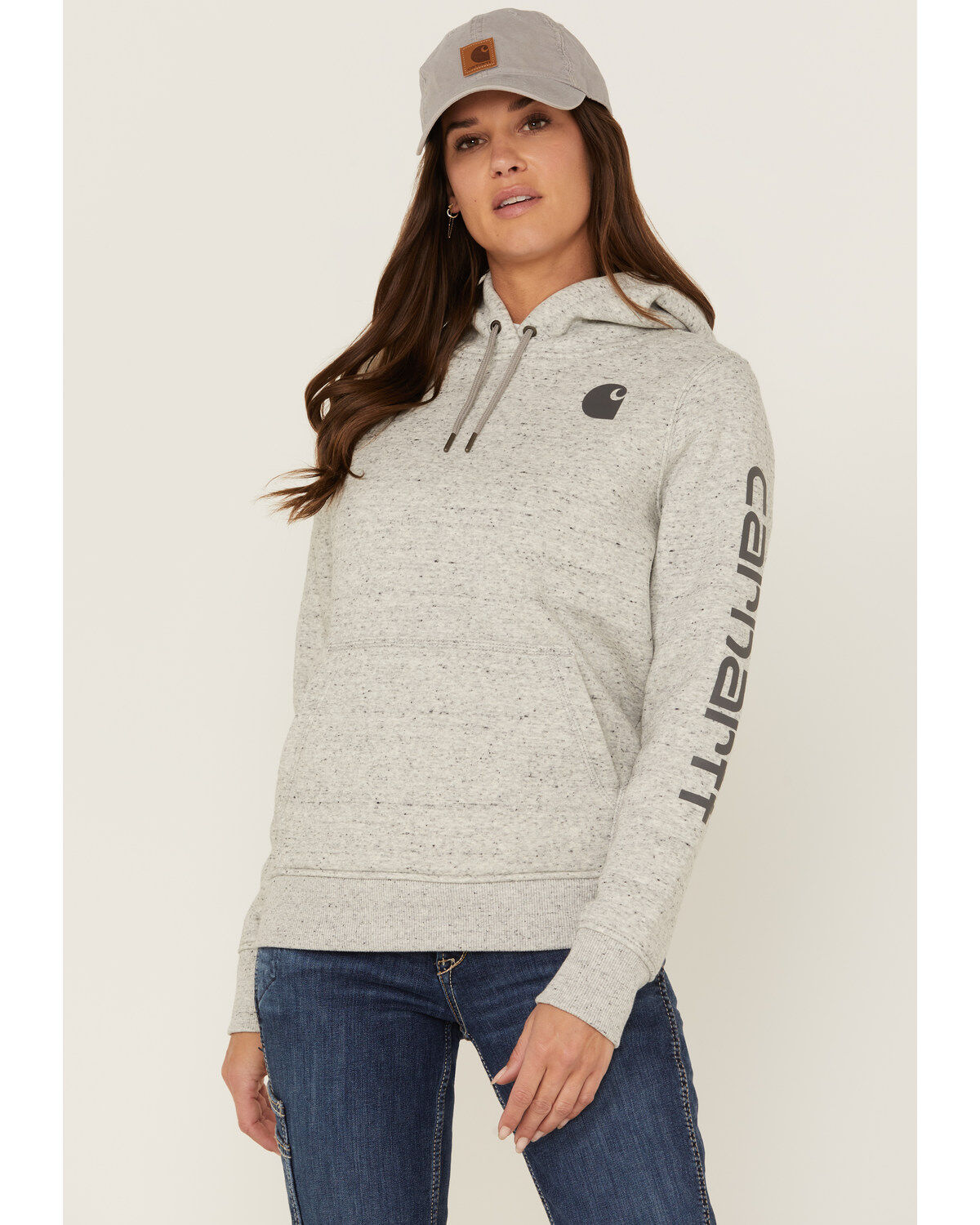 Image #1 - Carhartt Women's Clarksburg Sleeve Logo Hooded Sweatshirt, Heather Grey, hi-res