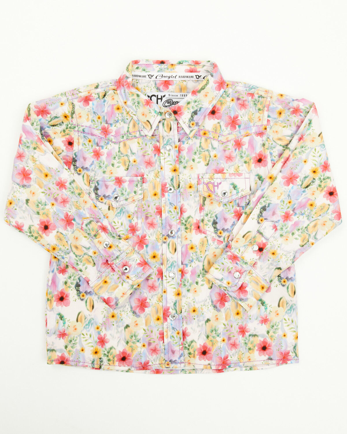 Image #1 - Cowgirl Hardware Toddler Girls' Floral Print Long Sleeve Rhinestone Snap Stretch Western Shirt, , hi-res