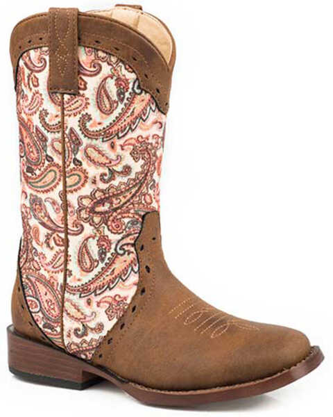 Image #1 - Roper Girls' Glitter Paisley Print Western Boots - Round Toe, Brown, hi-res