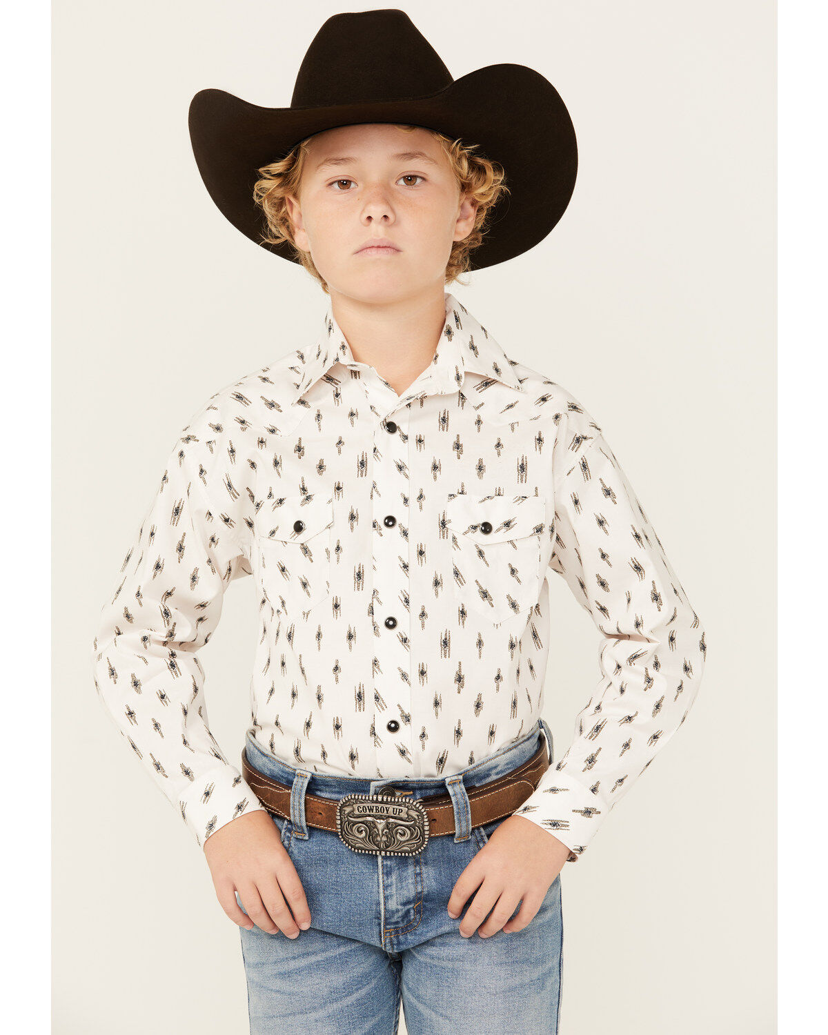 Rock & Roll Denim Boys' Abstract Geo Print Long Sleeve Snap Stretch Western Shirt, White, hi-res