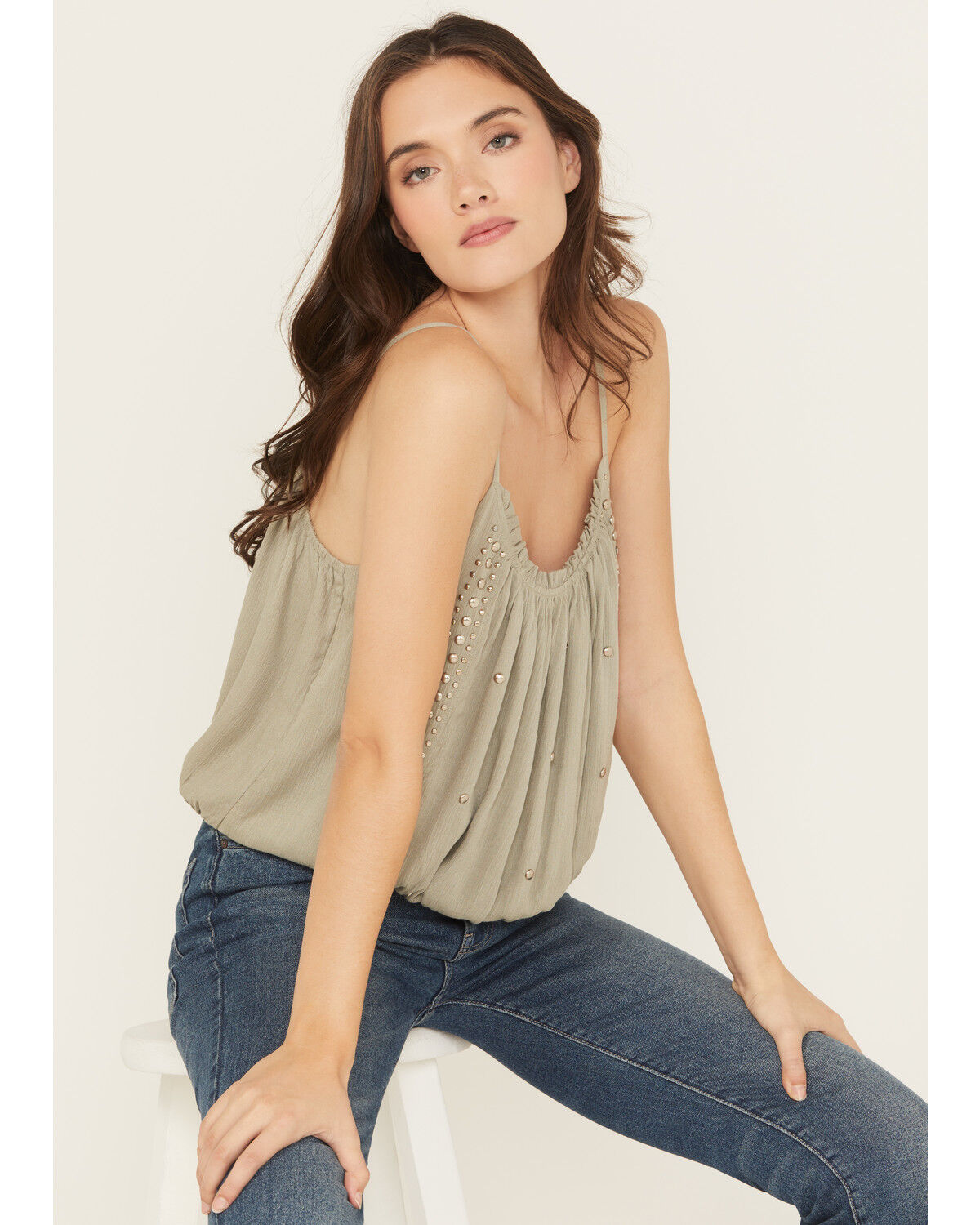 Rock & Roll Denim Women's Studded Elastic Hem Cami, Sage, hi-res