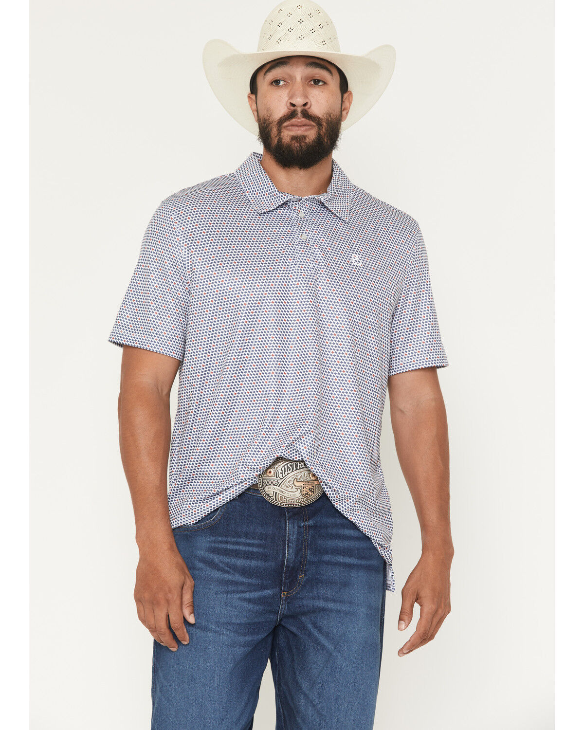 Panhandle Slim Men's Texas Print Short Sleeve Pearl Snap Performance Polo, Navy, hi-res