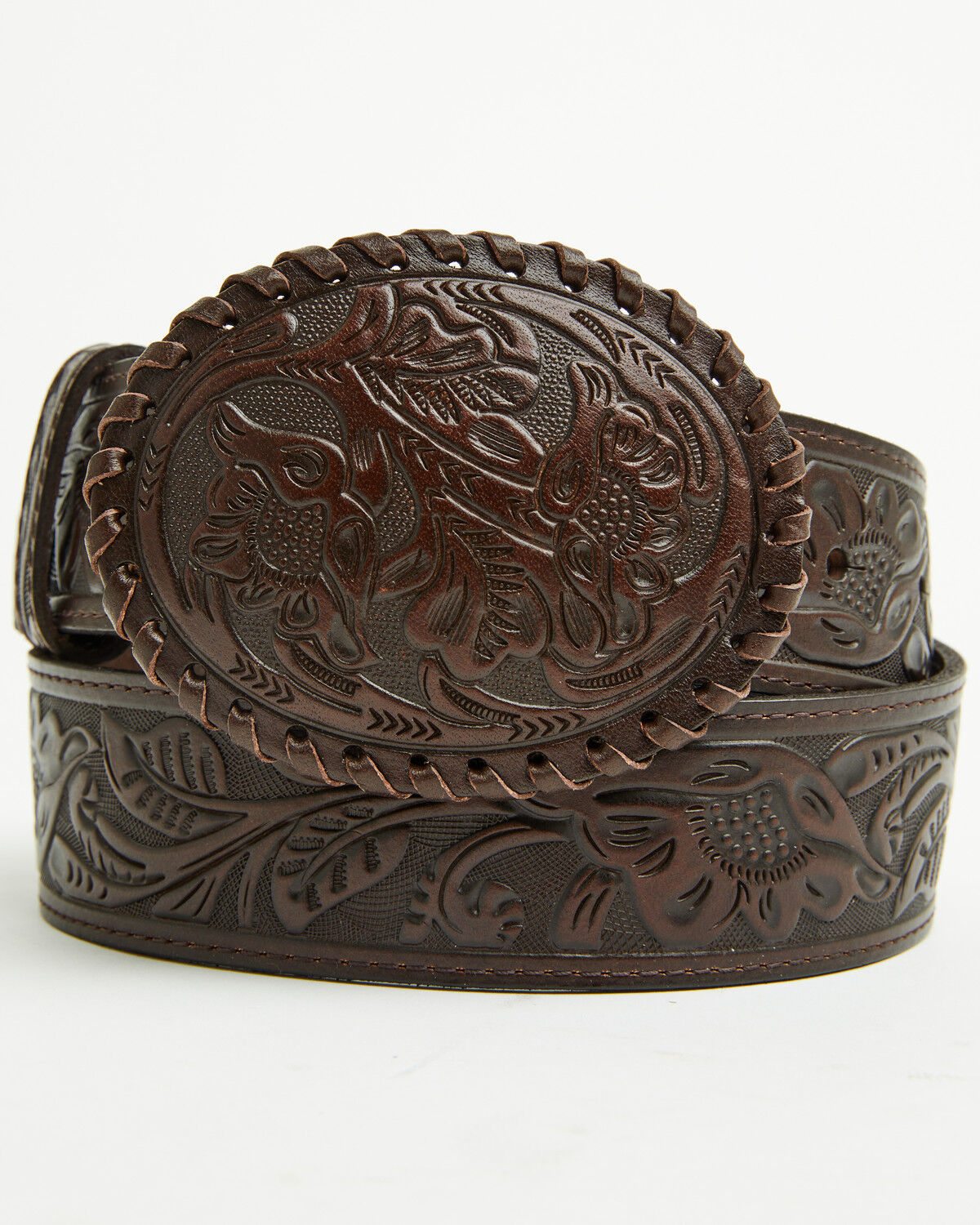 Image #2 - Shyanne Women's Ellery Tooled Leather Buckle Belt, Brown, hi-res