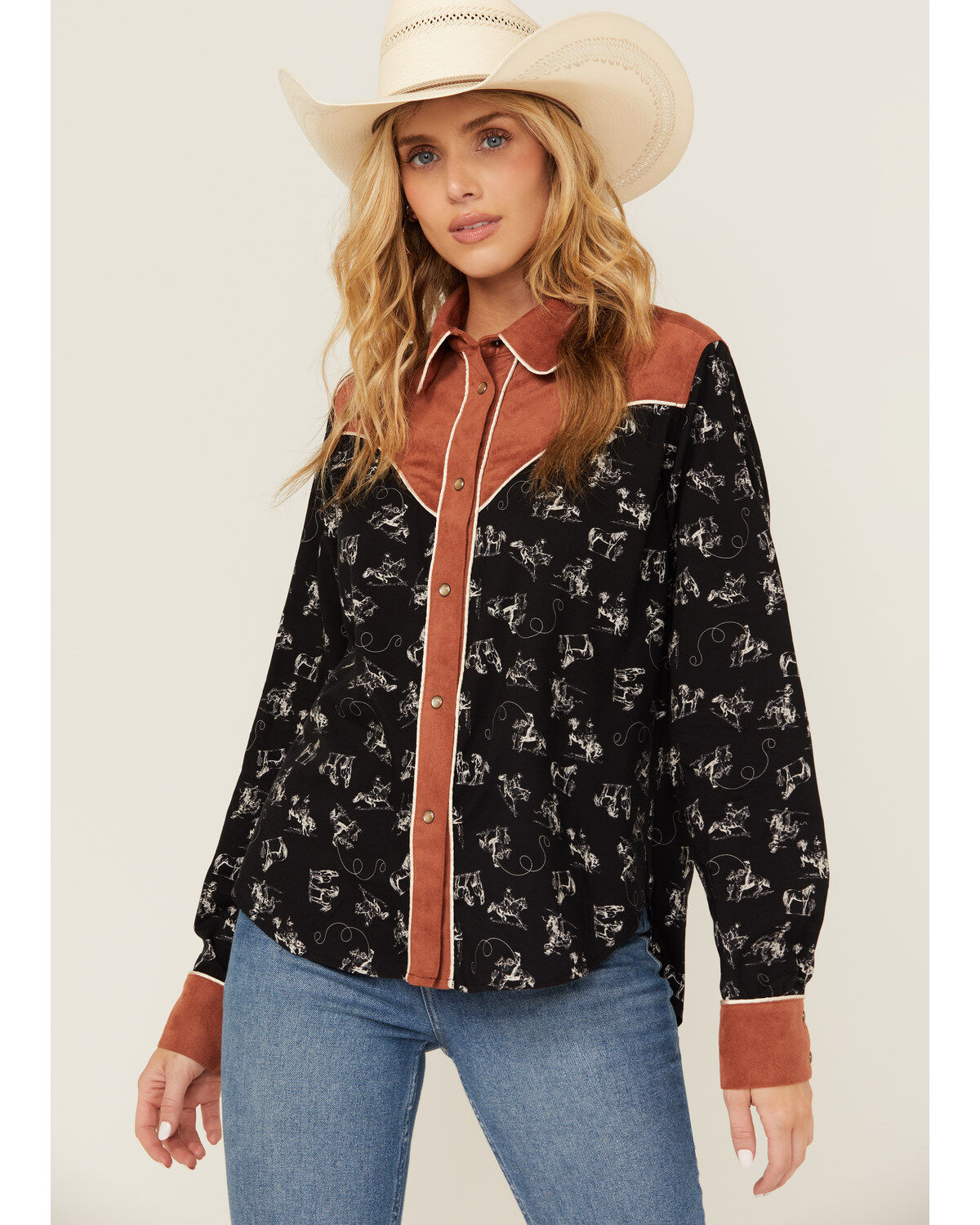 Image #1 - Cruel Girl Women's Conversation Print Long Sleeve Snap Western Shirt, Black, hi-res
