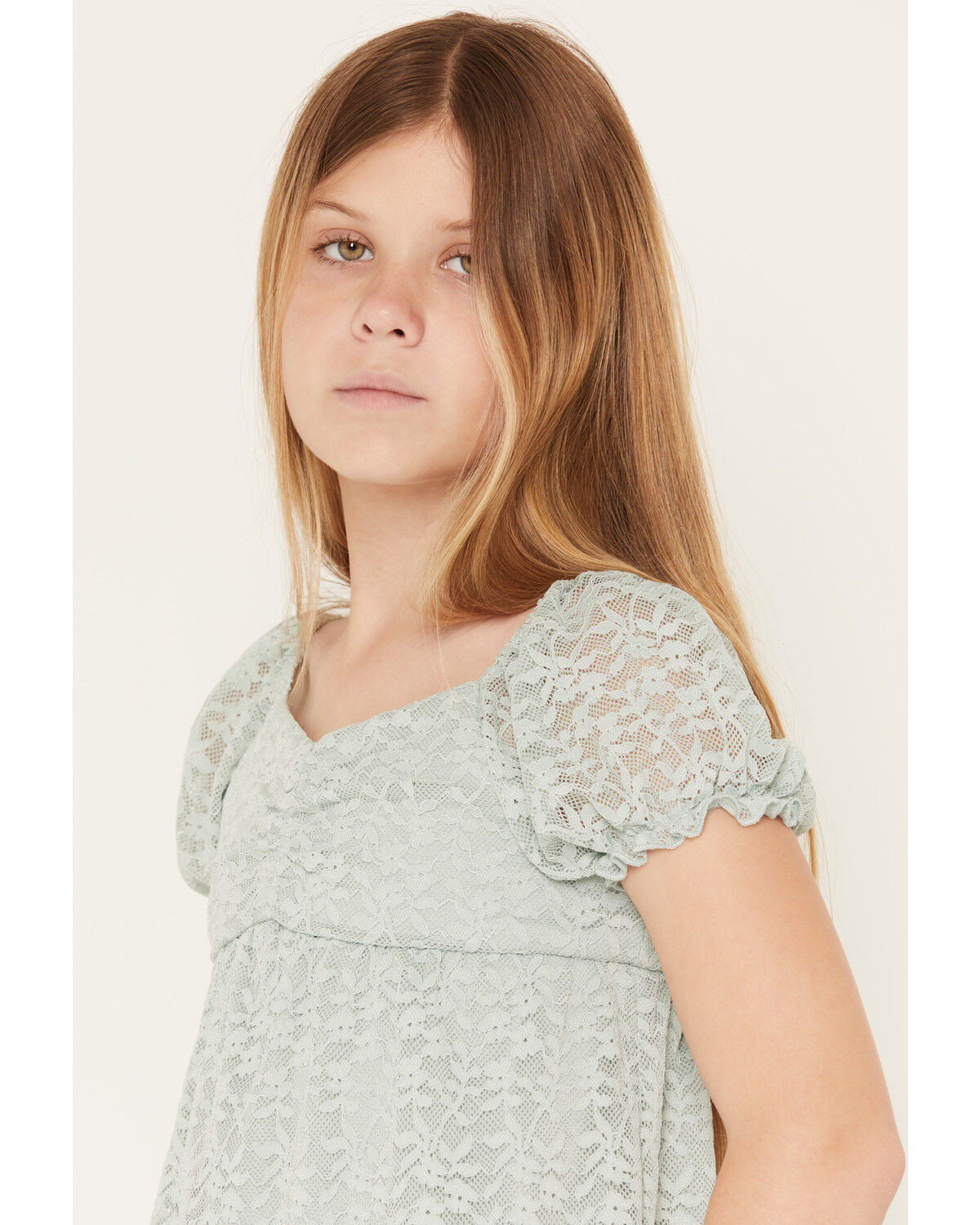 Image #2 - Sugar California Girls' Lace Short Puff Sleeve Shirt, Sage, hi-res