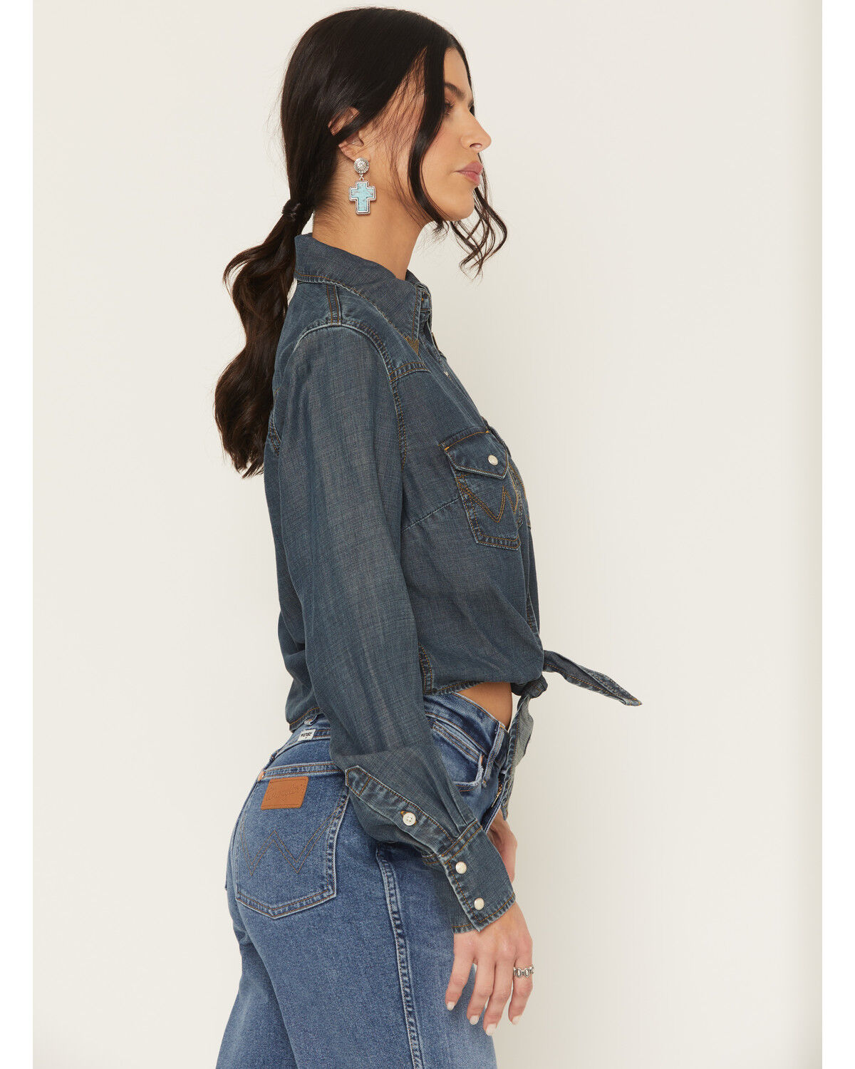 Image #2 - Wrangler X Lainey Wilson Women's Dark Wash Long Sleeve Snap Tie Front Western Shirt, Dark Wash, hi-res