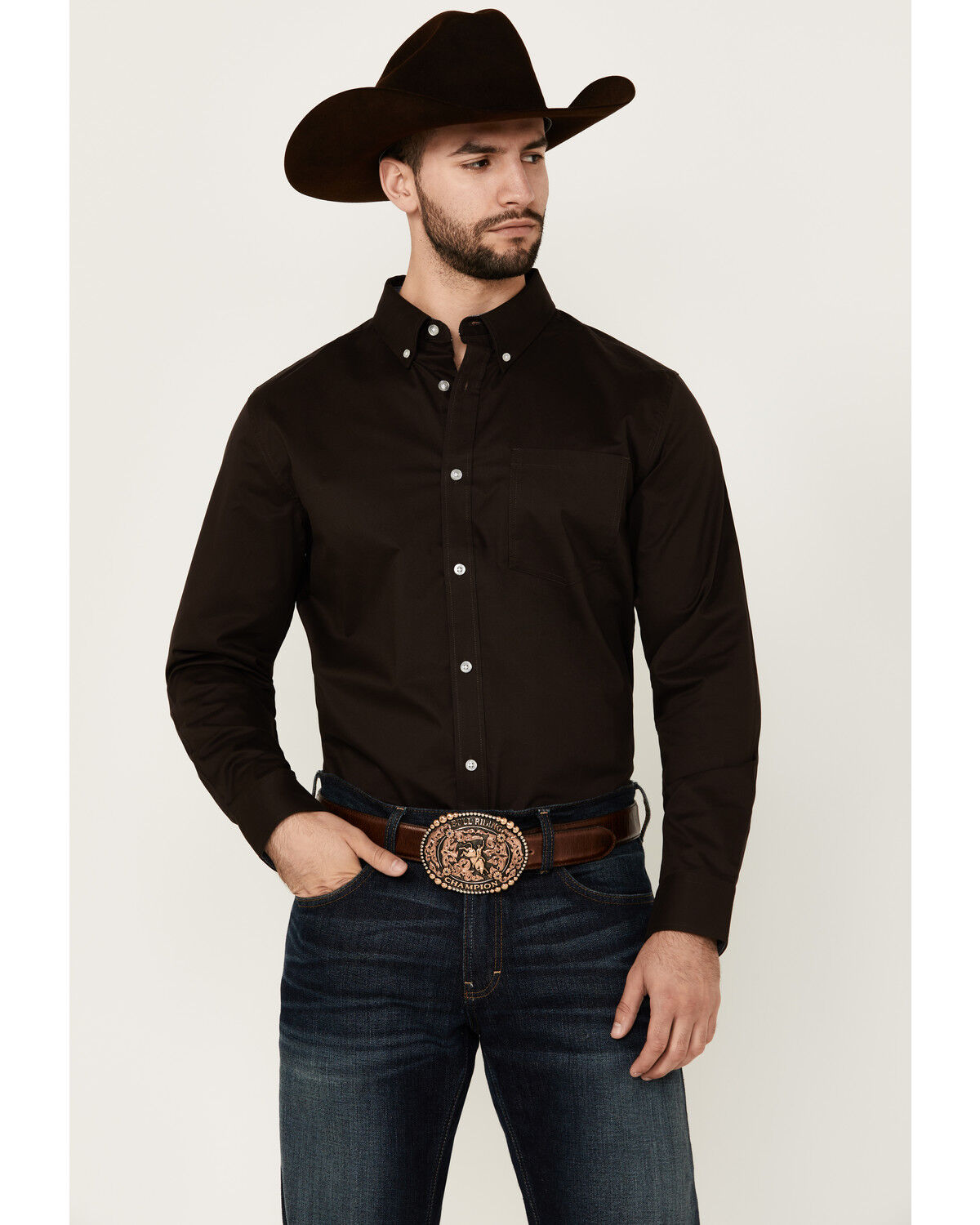Cody James Men's Basic Solid Long Sleeve Button-Down Stretch Western Shirt - Tall, Brown, hi-res
