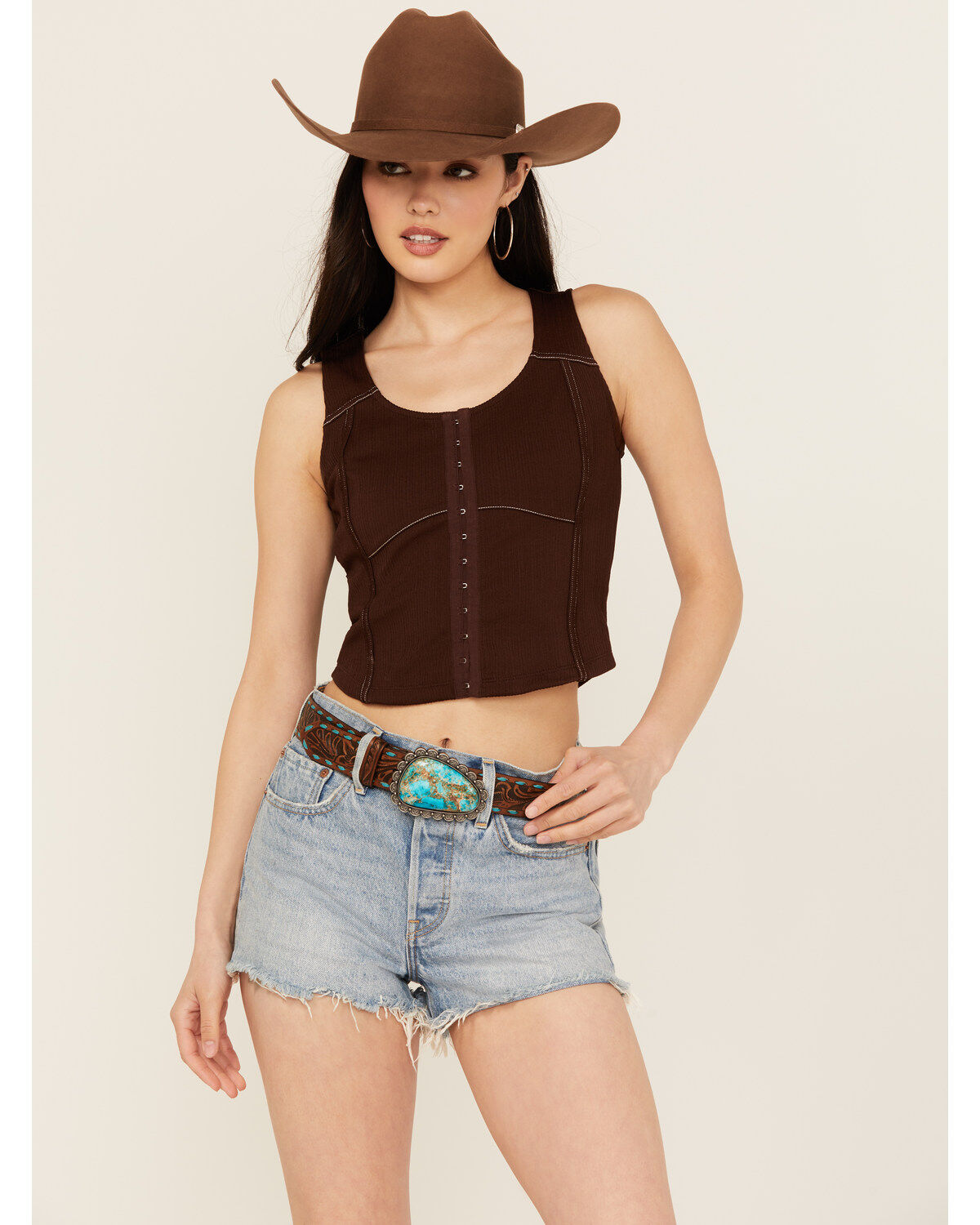 Image #1 - Shyanne Women's Sedona Turquoise Stone Buckle Whipstitch Leather Belt, Brown, hi-res