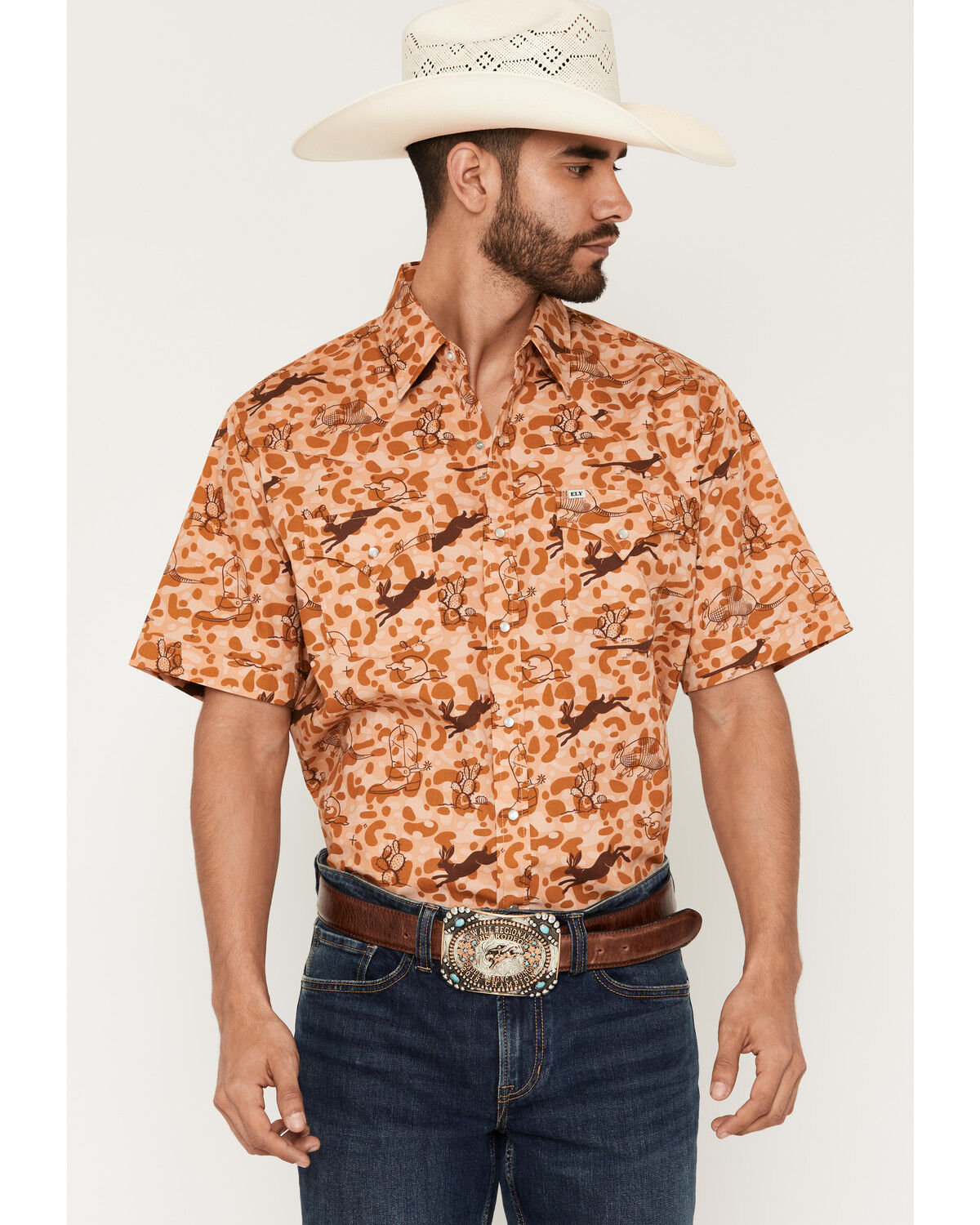 Image #1 - Ely Walker Men's Desert Camo Print Short Sleeve Pearl Snap Western Shirt, Tan, hi-res