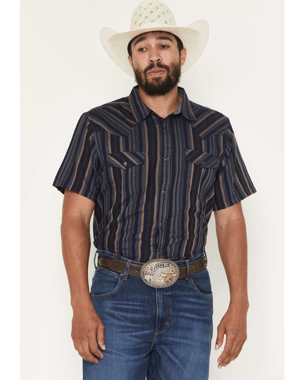 Image #1 - Cody James Men's Highland Rim Striped Print Short Sleeve Snap Western Shirt - Tall, Navy, hi-res